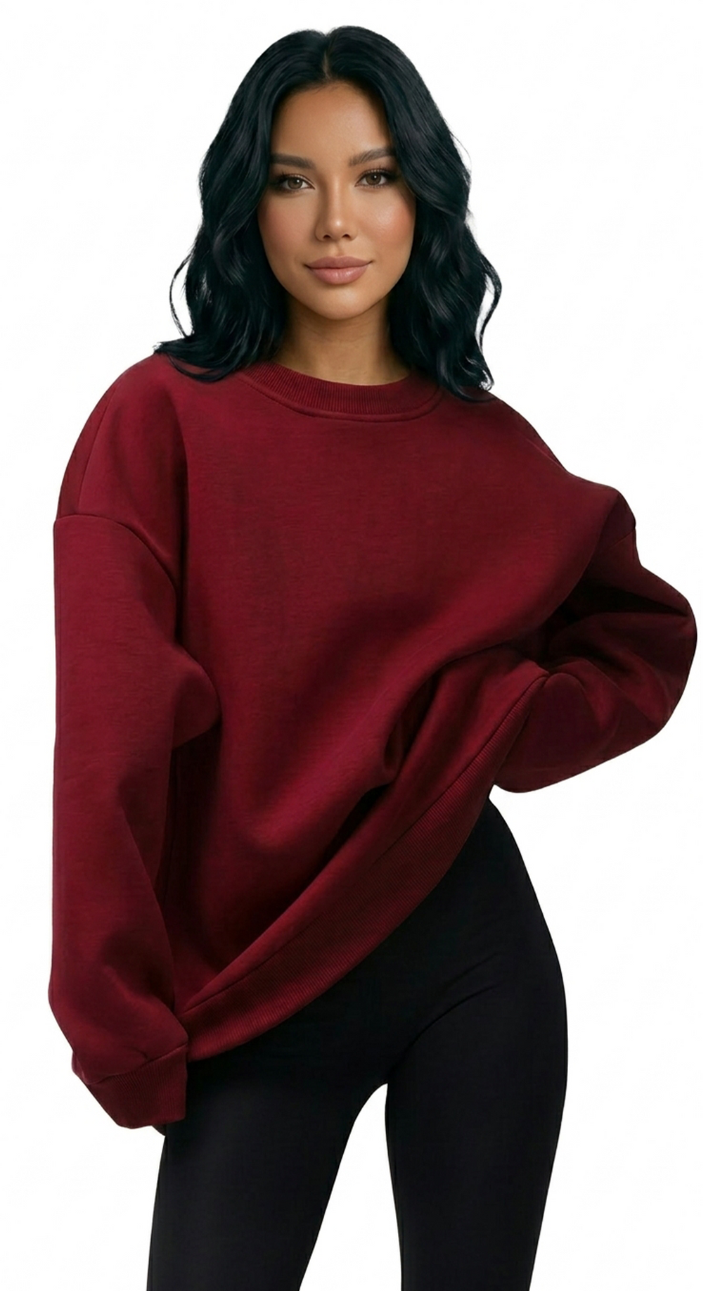 Woman wearing a burgundy sweatshirt on a white background from Meleche Fashion USA or Meléche (short as (Mé))