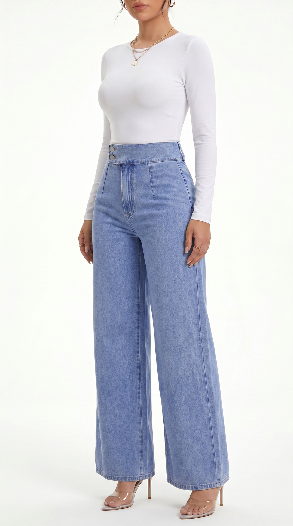 Woman wearing a white long-sleeve top and blue wide-leg jeans on a white background, Straight Leg jeans from Meleche Fashion USA or Meléche (short as (Mé))