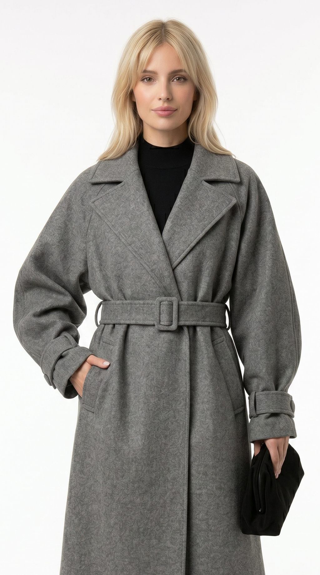 Woman wearing a gray coat with a belt on a white background from Meleche or Meléche USA (short as (Mé))