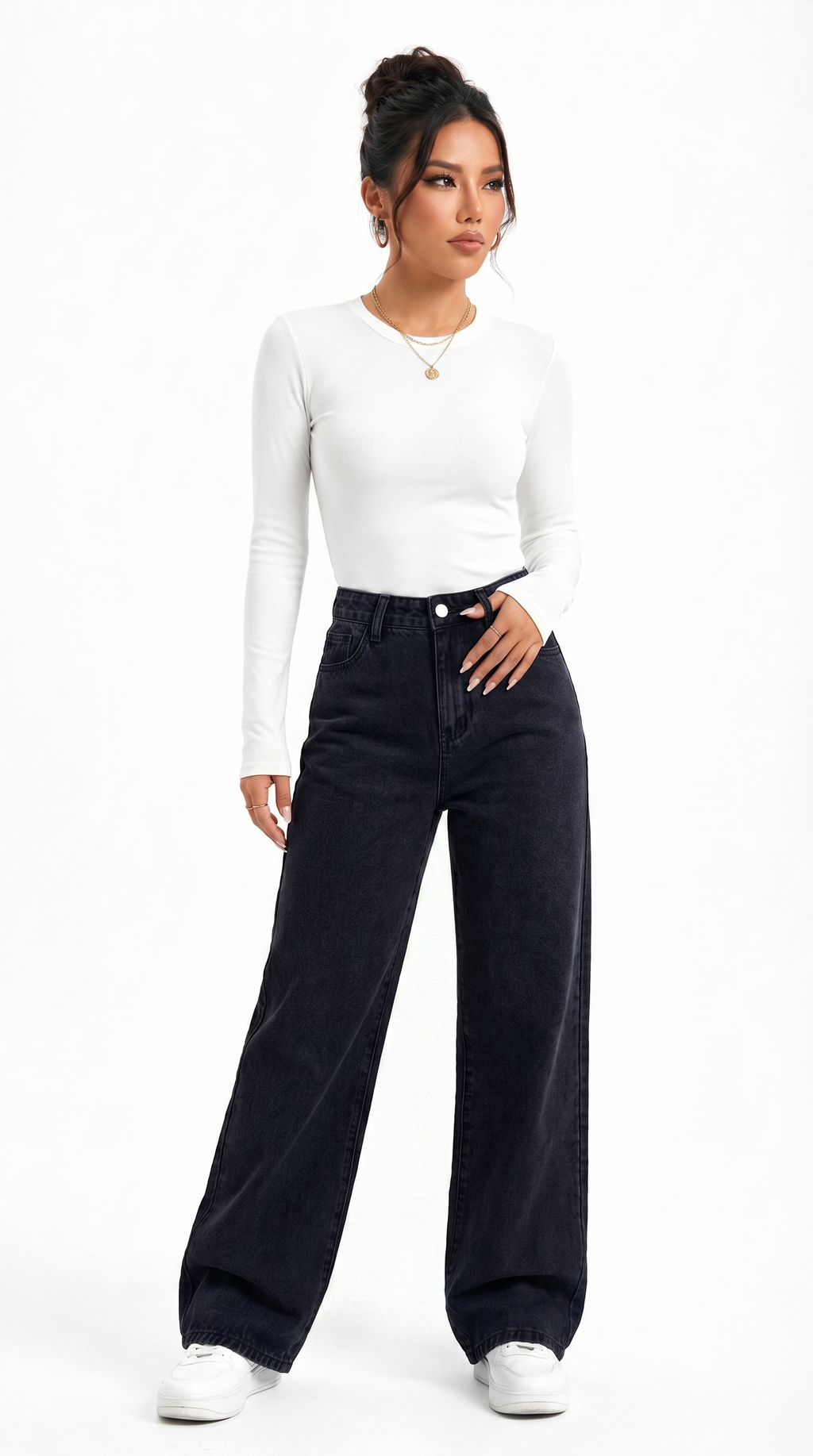 Woman wearing a white long-sleeve top and black wide-leg jeans on a white background, Cotton jeans from Meleche Fashion USA or Meléche (short as (Mé))