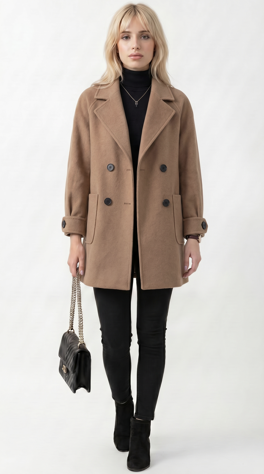 Woman wearing a beige coat on a white background from Meleche USA or Meléche (short as (Mé))