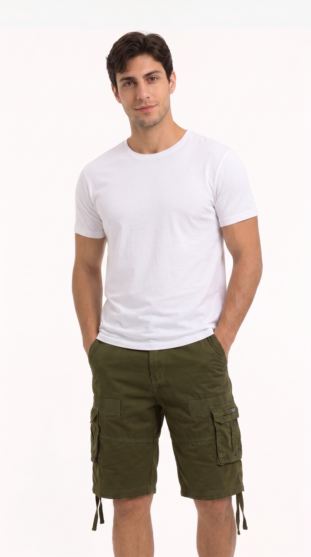 A man wearing a plain white short-sleeve crewneck t-shirt and olive green cargo shorts, standing against a solid white background, from Meleche Fashion USA or Meléche (short as (Mé))