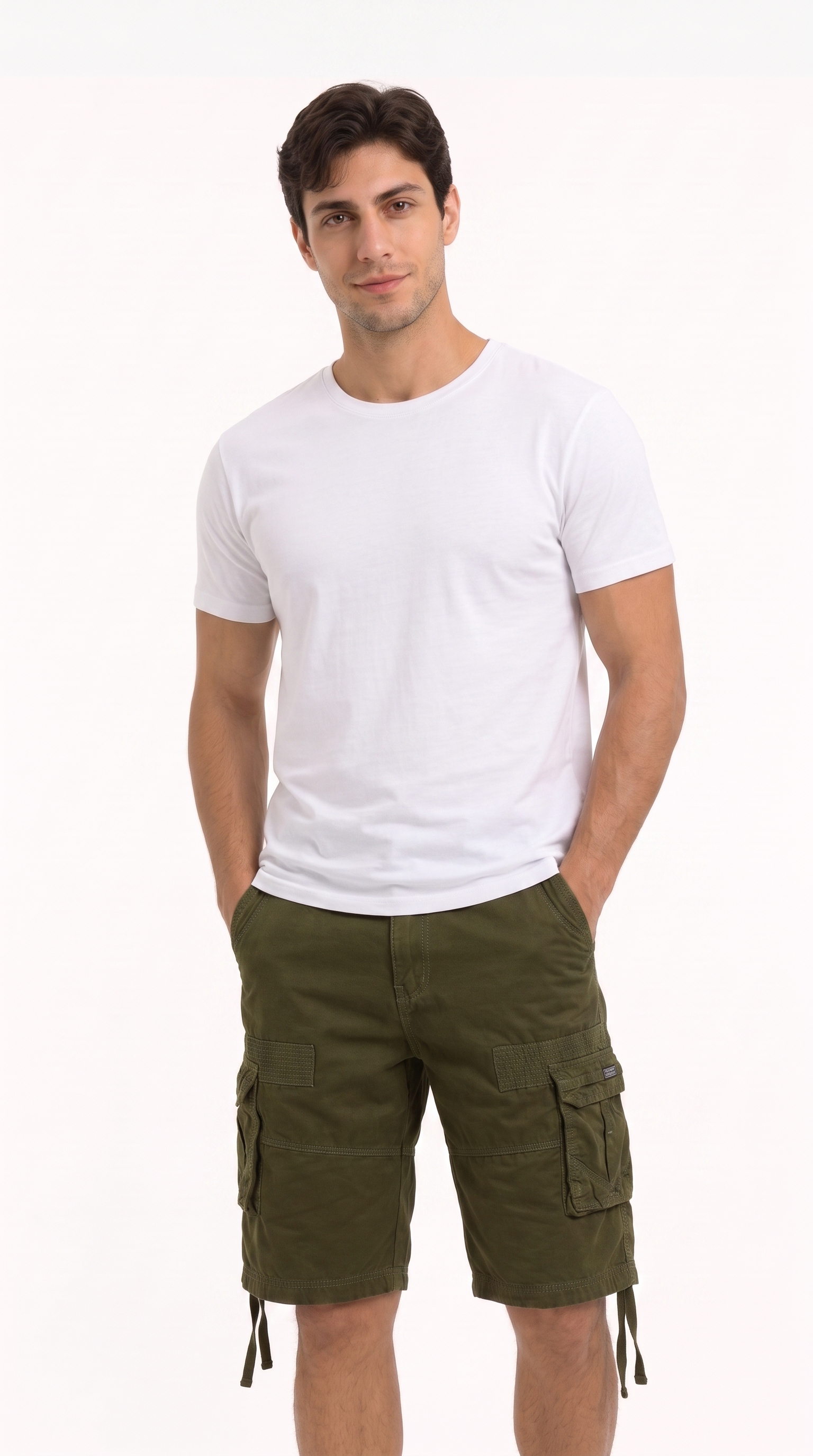 A man wearing a plain white short-sleeve crewneck t-shirt and olive green cargo shorts, standing against a solid white background, from Meleche Fashion USA or Meléche (short as (Mé))