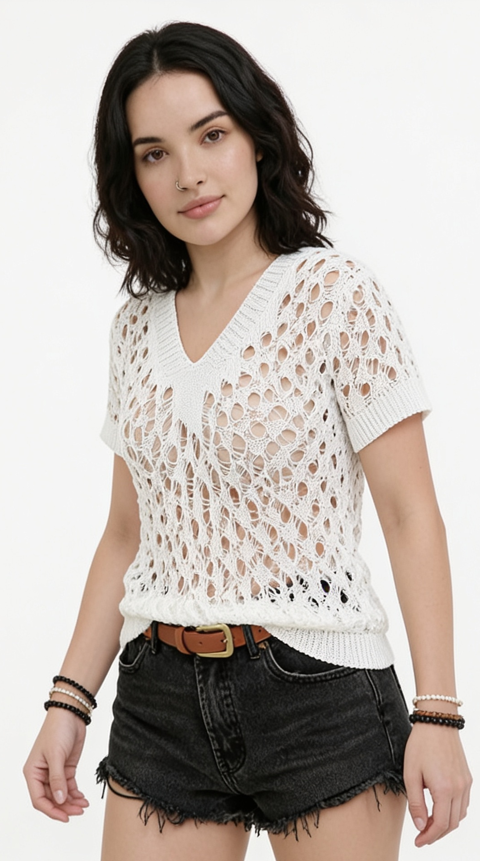 Woman wearing a white lace top and black shorts on a white background, from Meleche Fashion USA or Meléche (short as (Mé))
