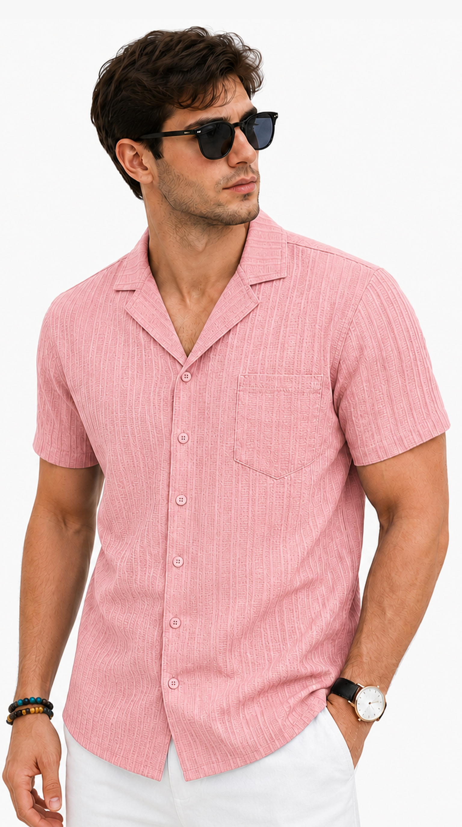 Man wearing a pink short-sleeve shirt with sunglasses and a white background, Tristan shirt 2027 from Meleche Fashion USA or Meléche (short as (Mé))