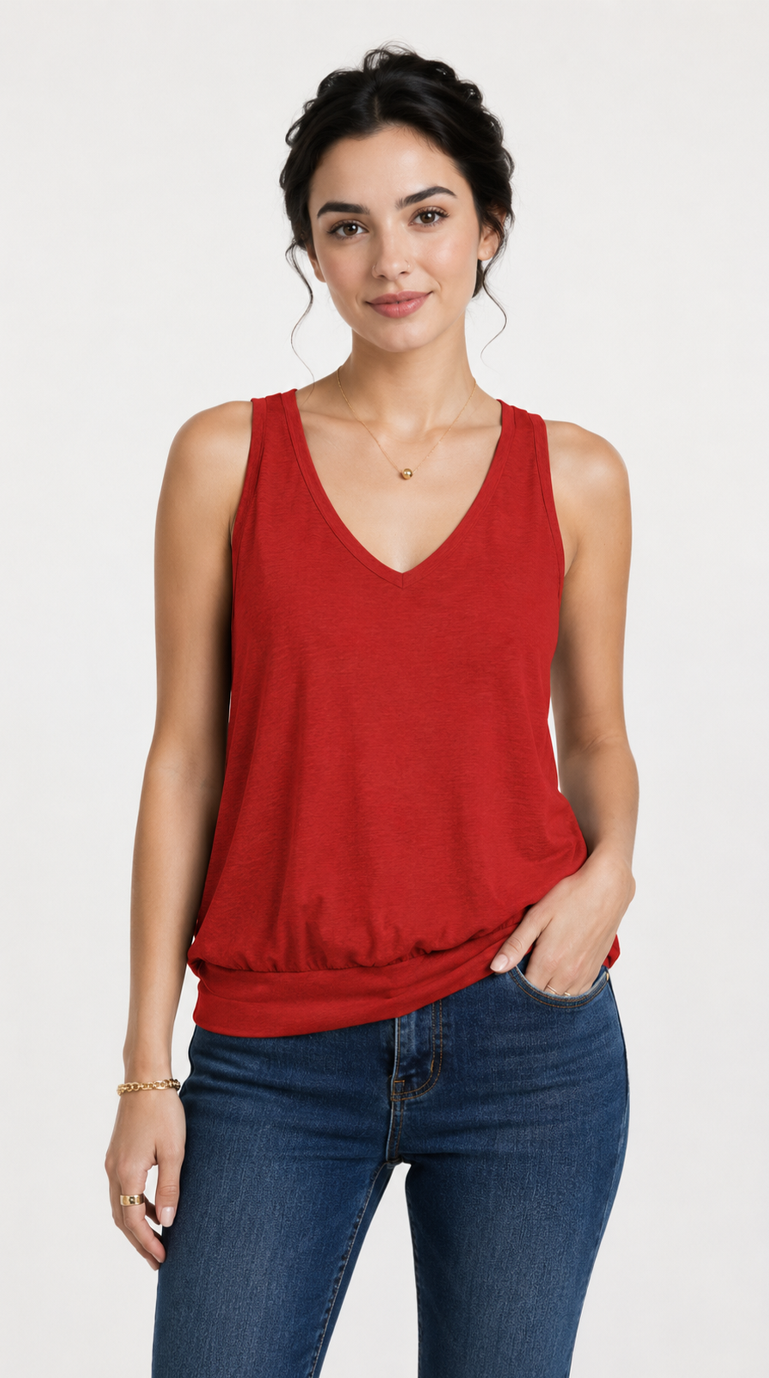 Woman wearing a red sleeveless top and blue jeans on a white background, from Meleche Fashion USA or Meléche (short as (Mé))