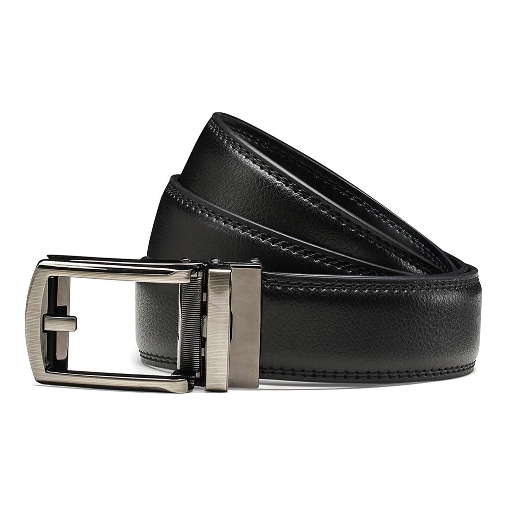 Black leather belt with silver buckle from Meleche or Meléche (short as (Mé))