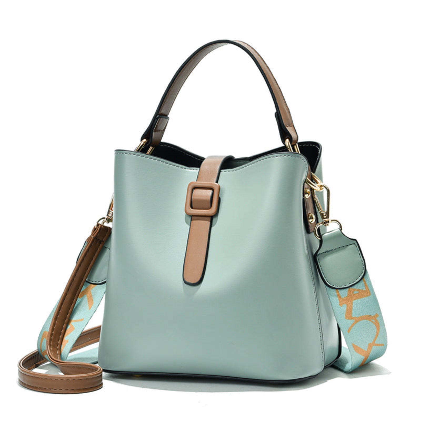 Light blue handbag with brown straps on a white background