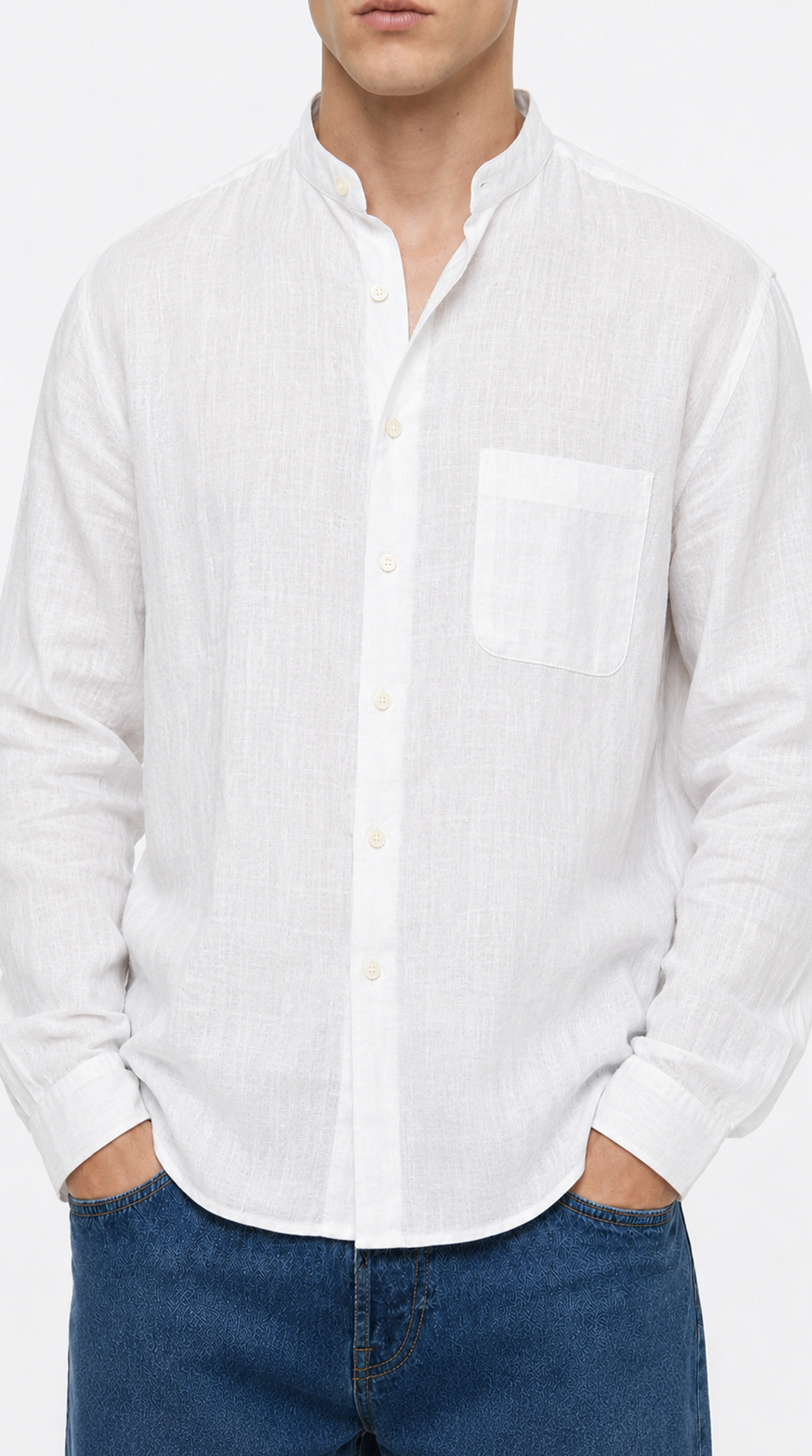 White button-up shirt worn by a person on a white background, from Meleche Fashion USA or Meléche (short as (Mé))