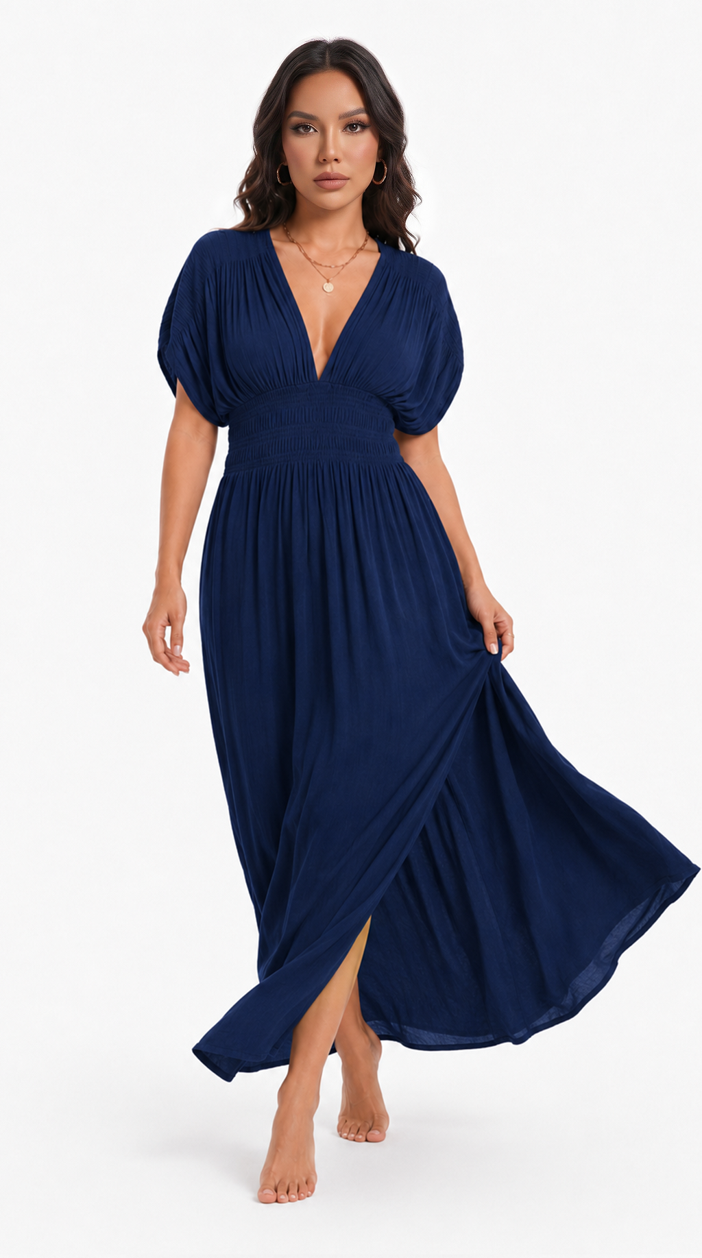 A woman modeling a navy blue maxi dress with a deep V-neckline, puffed short sleeves, and a flowing skirt with a side slit, set against a plain white studio background, from Meleche Fashion USA or Meléche (short as (Mé))