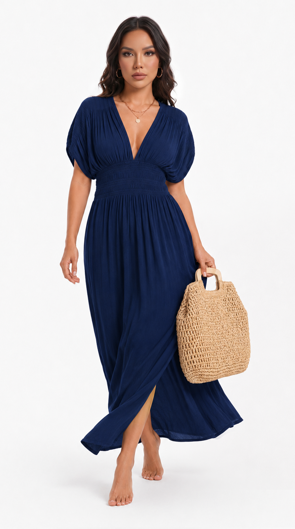 A woman modeling a navy blue maxi dress with puff sleeves, a deep V-neckline, and a gathered skirt, holding a woven straw tote bag against a plain white studio background, from Meleche Fashion USA or Meléche (short as (Mé))