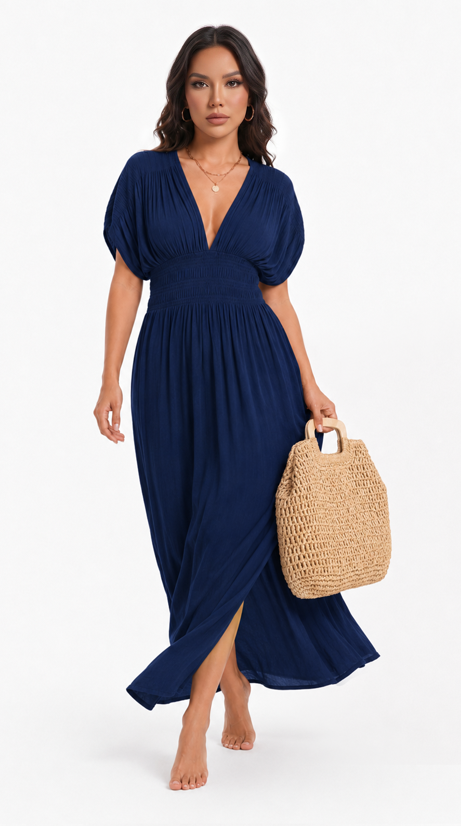 A woman modeling a navy blue maxi dress with puff sleeves, a deep V-neckline, and a gathered skirt, holding a woven straw tote bag against a plain white studio background, from Meleche Fashion USA or Meléche (short as (Mé))