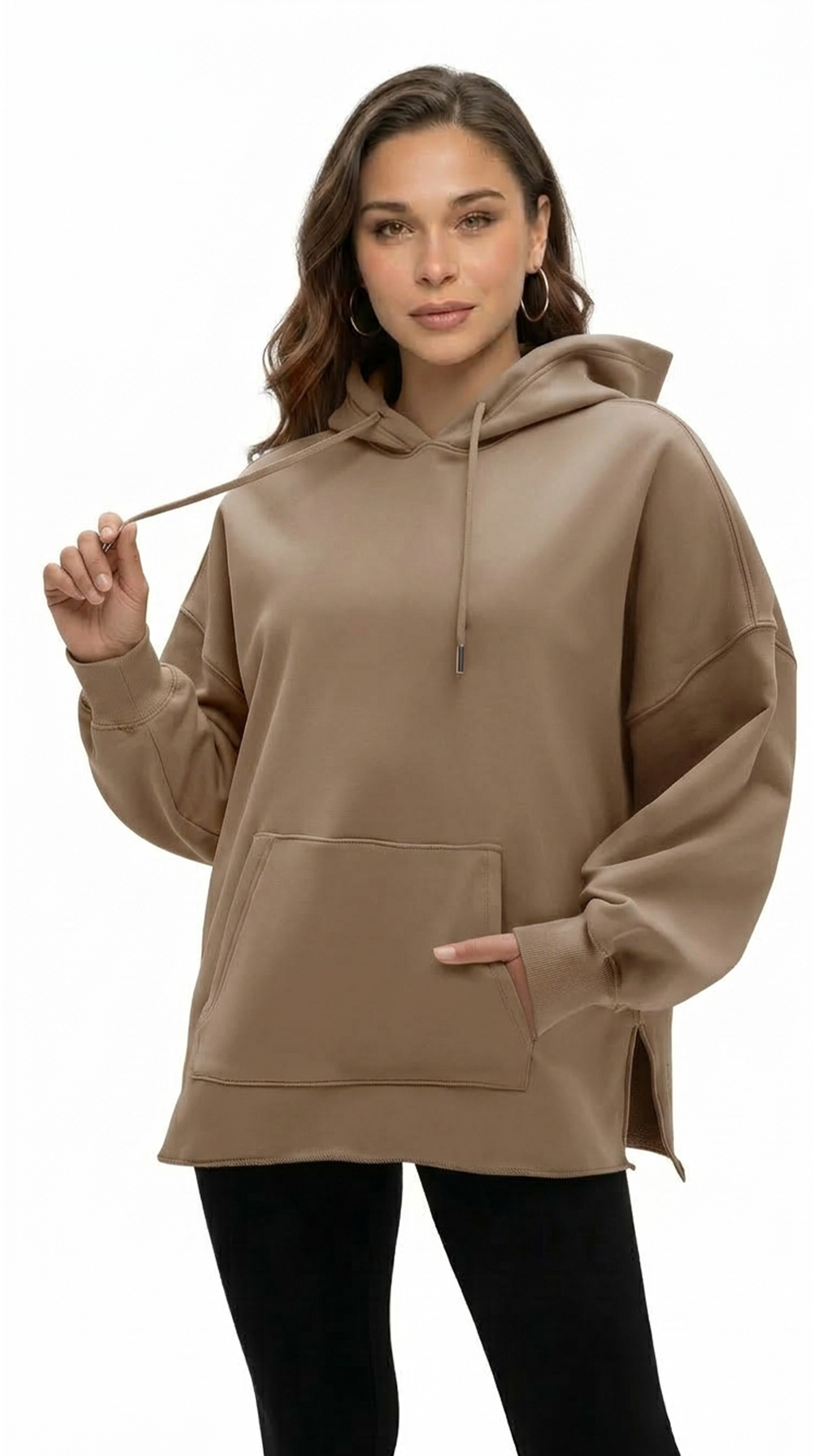Woman wearing a beige hoodie from Meleche or Meléche (short as (Mé))