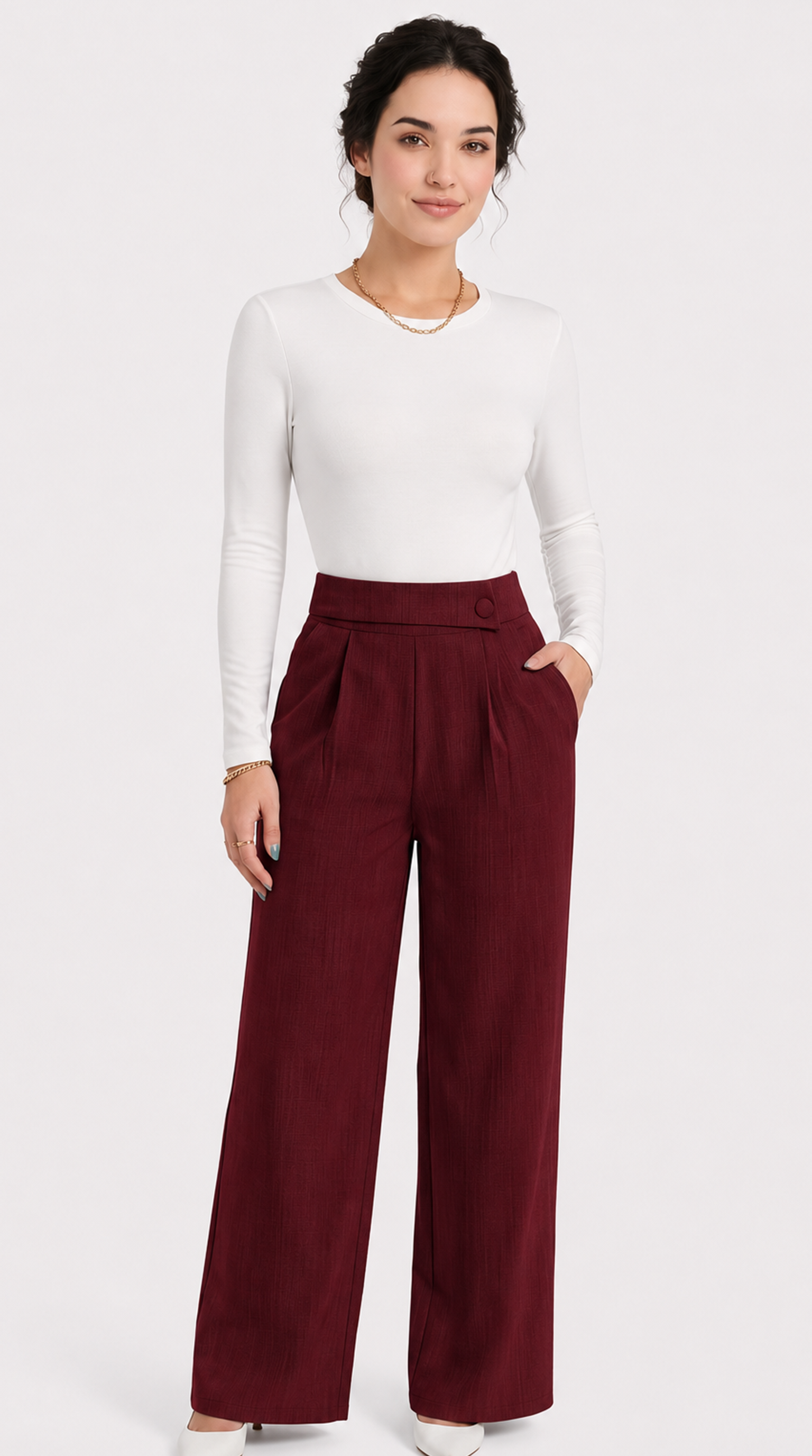 Woman wearing a white top and burgundy high-waisted pants on a light gray background, from Meleche Fashion USA or Meléche (short as (Mé))
