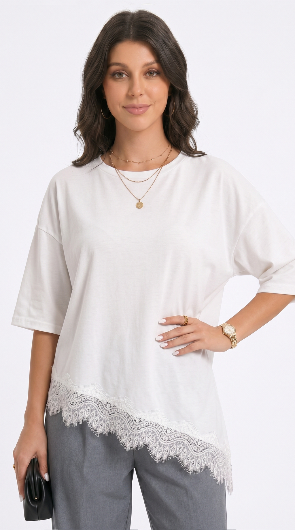Woman wearing a white blouse with lace trim and gray pants on a white background, from Meleche Fashion USA or Meléche (short as (Mé))