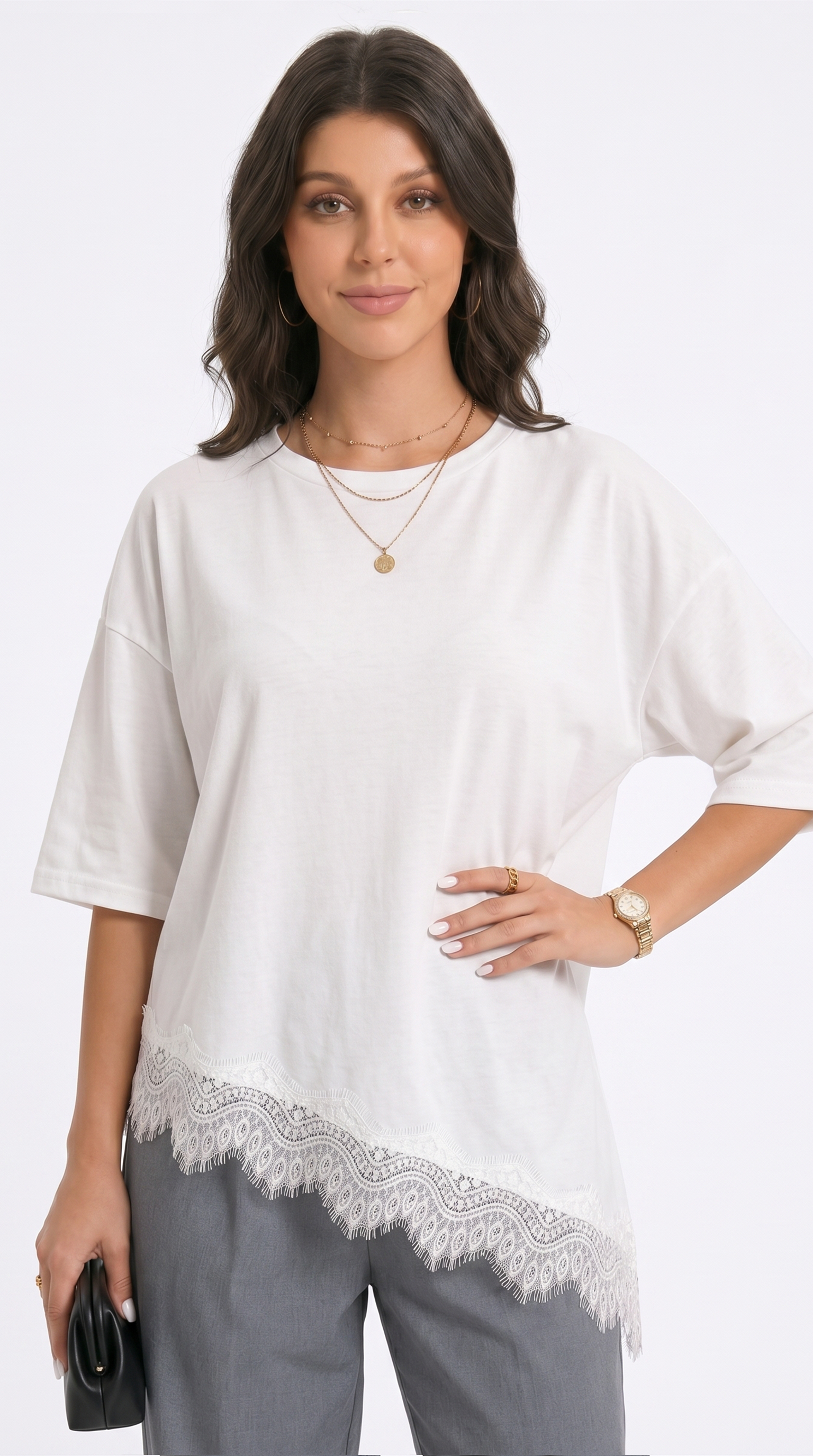 Woman wearing a white blouse with lace trim and gray pants on a white background, from Meleche Fashion USA or Meléche (short as (Mé))