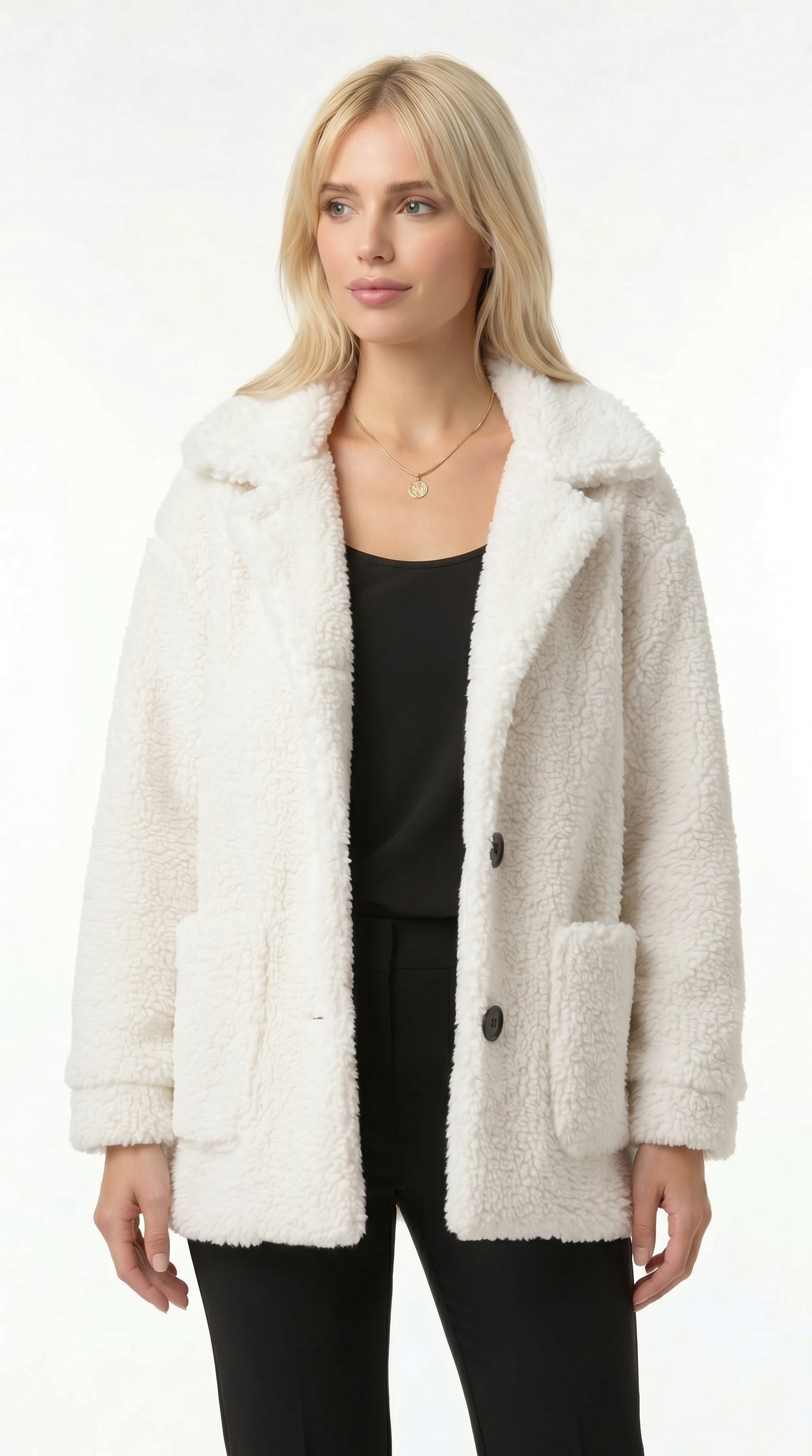 Woman wearing a white sherpa jacket on a white background from Meleche Fashion USA or Meléche (short as (Mé))