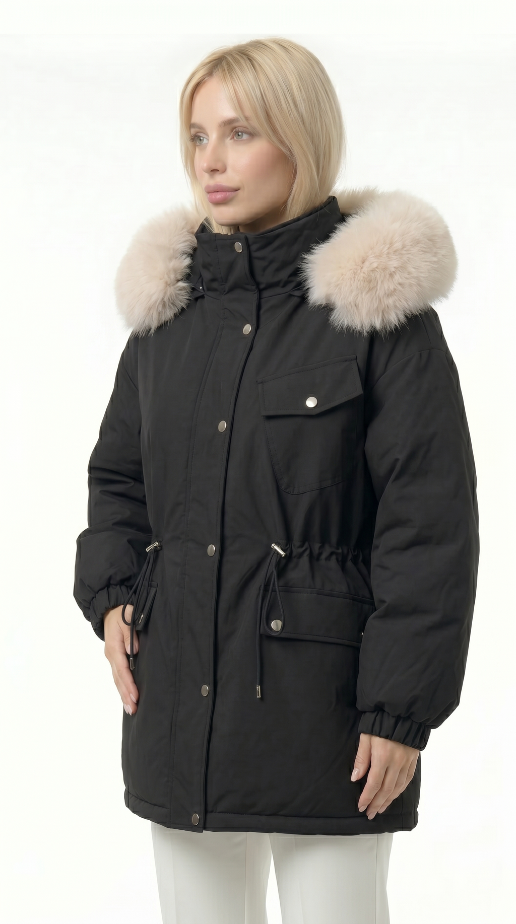 Woman wearing a black parka with fur-lined hood on a white background from Meleche USA or Meléche (short as (Mé))