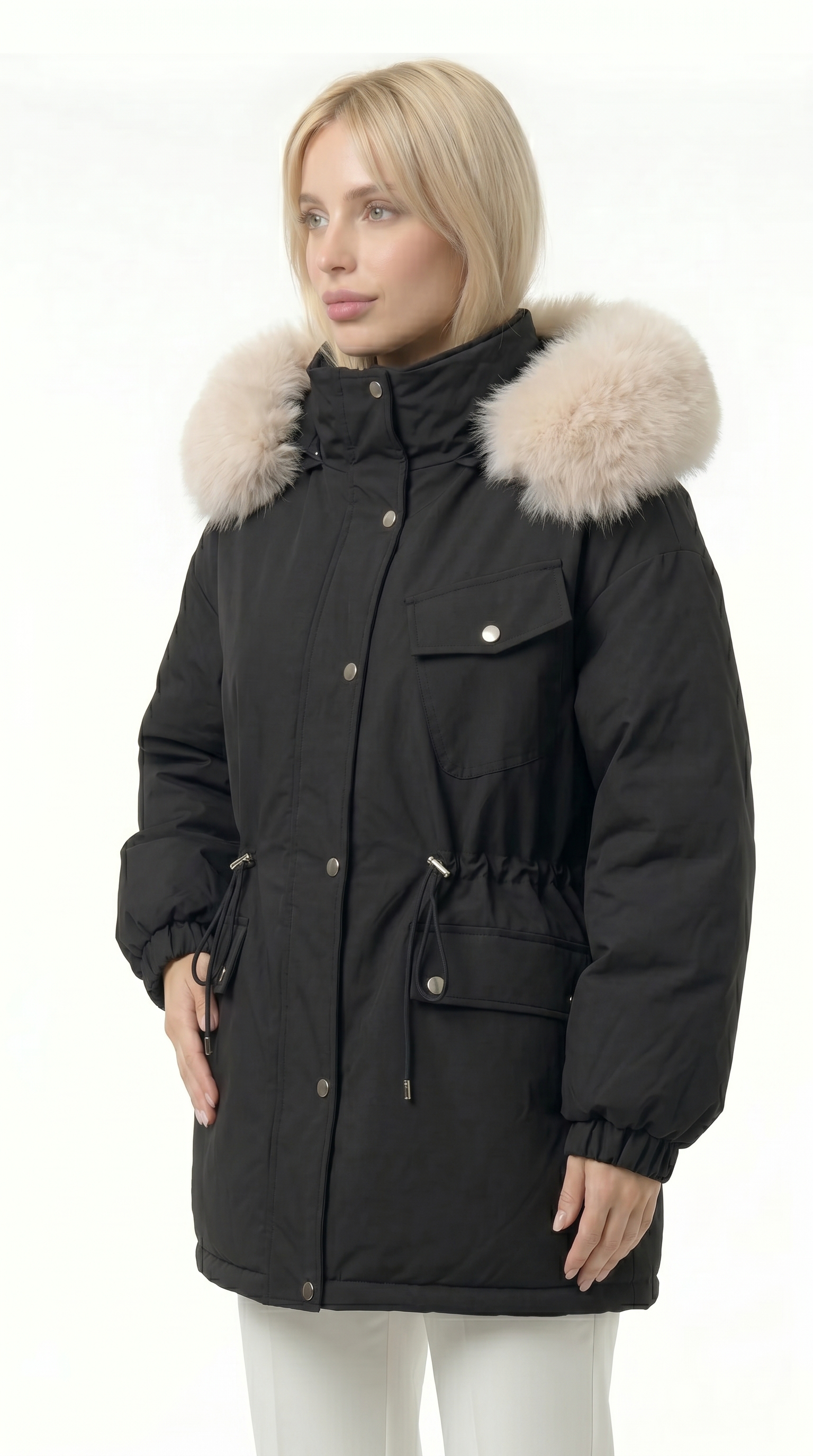Woman wearing a black parka with fur-lined hood on a white background from Meleche USA or Meléche (short as (Mé))