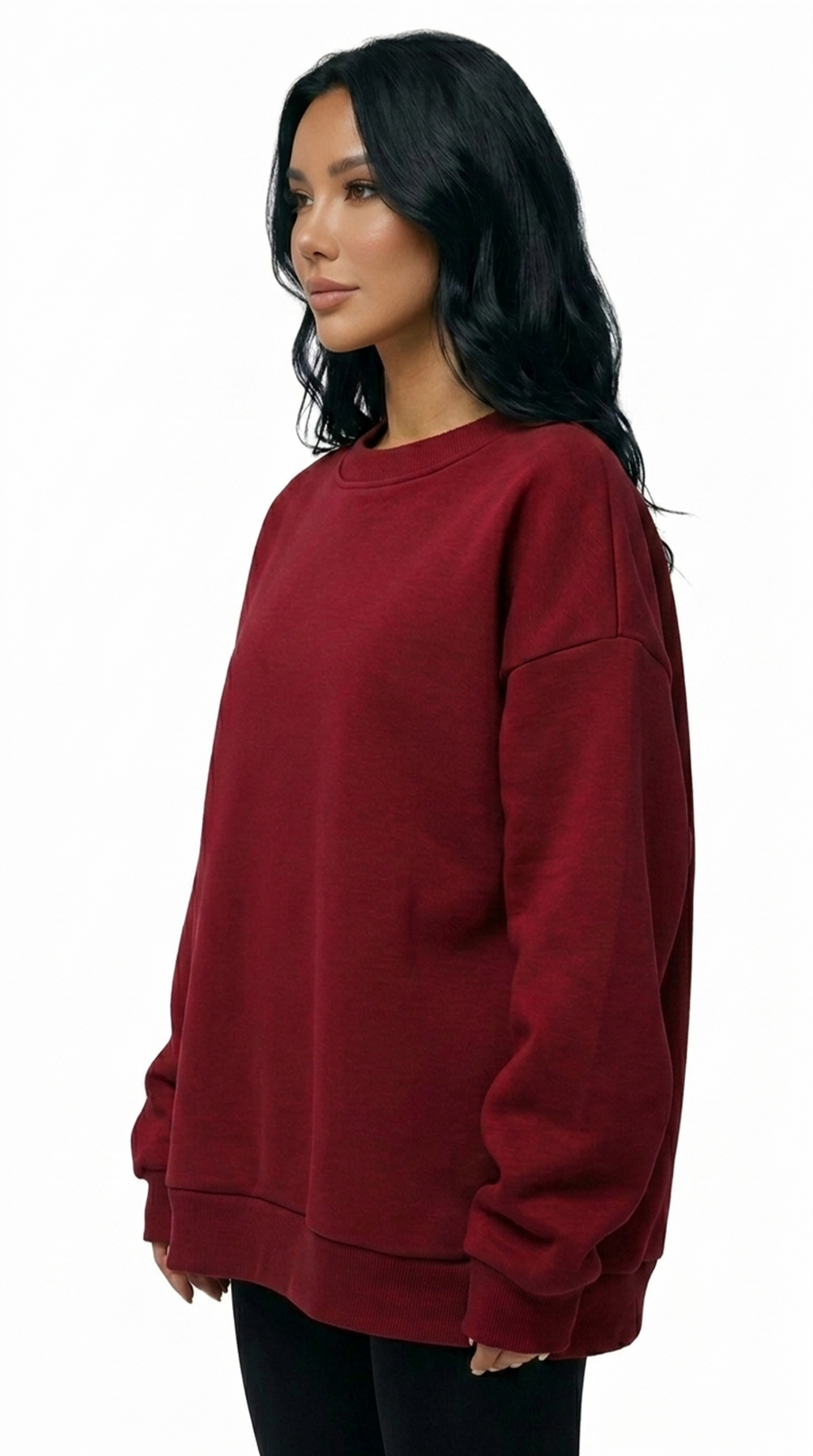 Woman wearing a red sweatshirt on a white background from Meleche Fashion USA or Meléche (short as (Mé))