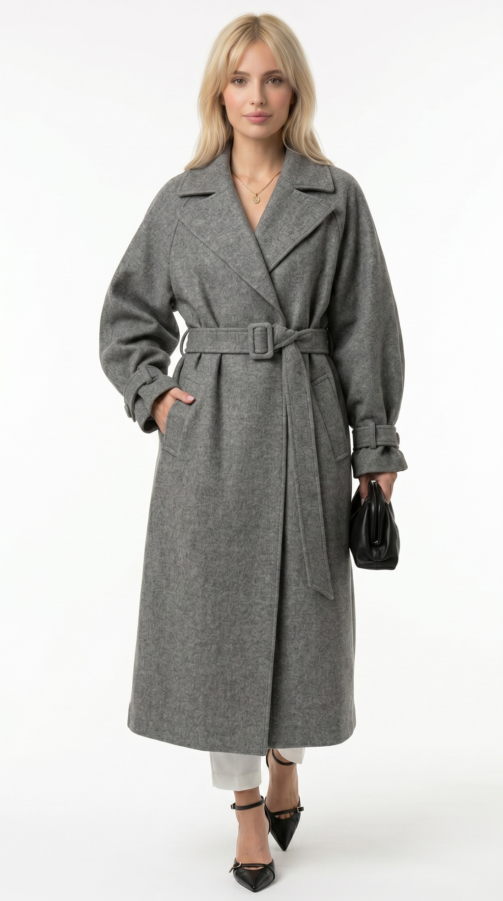 Woman wearing a gray coat with a belt on a white background from Meleche or Meléche USA (short as (Mé))