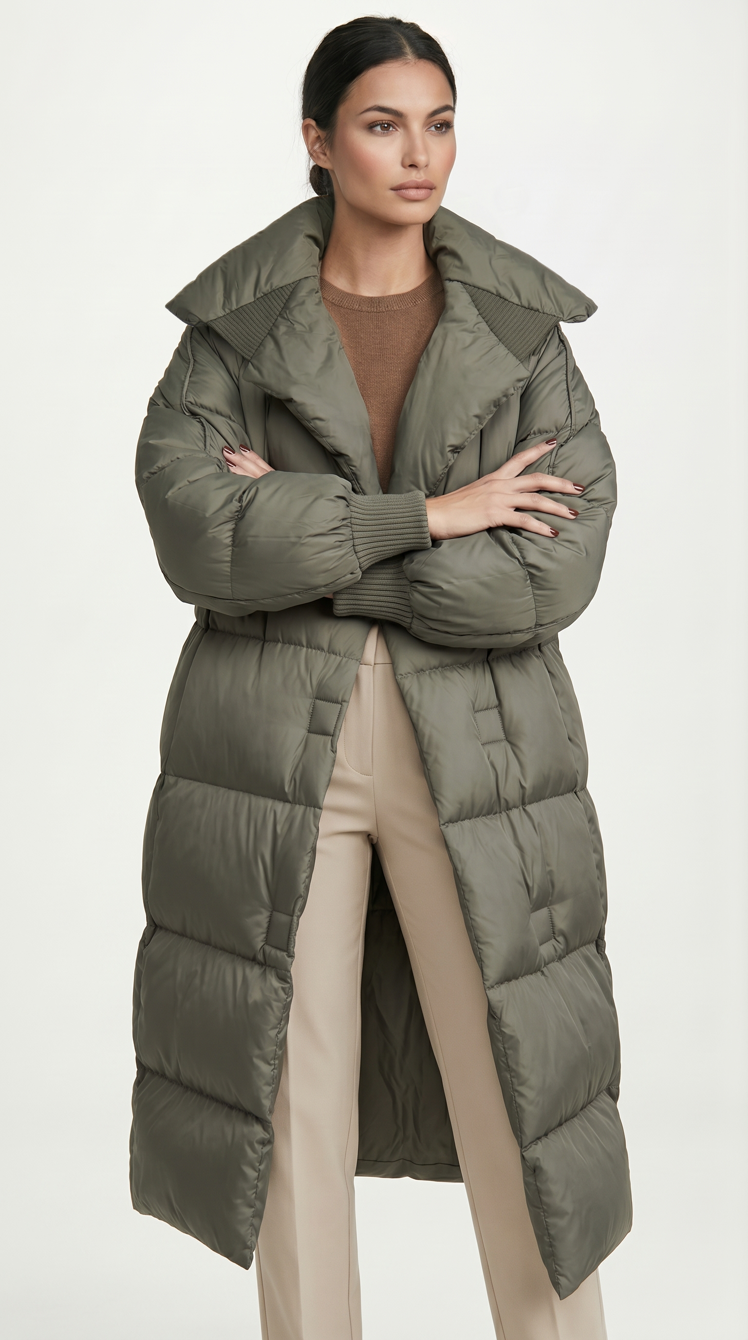Woman wearing a long green puffer coat on a white background from Meleche USA or Meléche (short as (Mé))