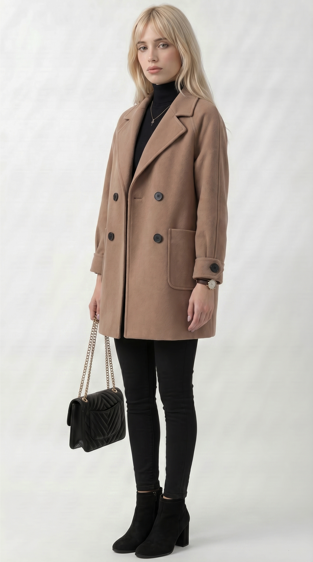 Woman wearing a beige coat with a black handbag on a white background from Meleche or Meléche USA (short as (Mé))