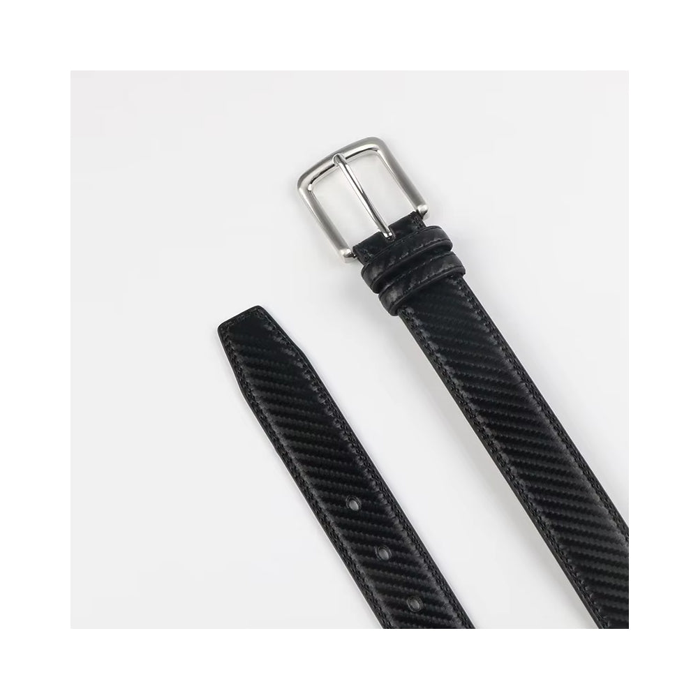 Black carbon fiber belt with silver buckle from Meleche or Meléche (short as (Mé))