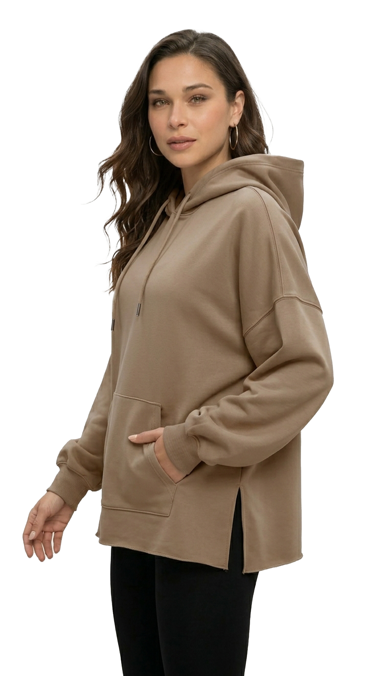 Woman wearing a beige hoodie from Meleche or Meléche (short as (Mé))