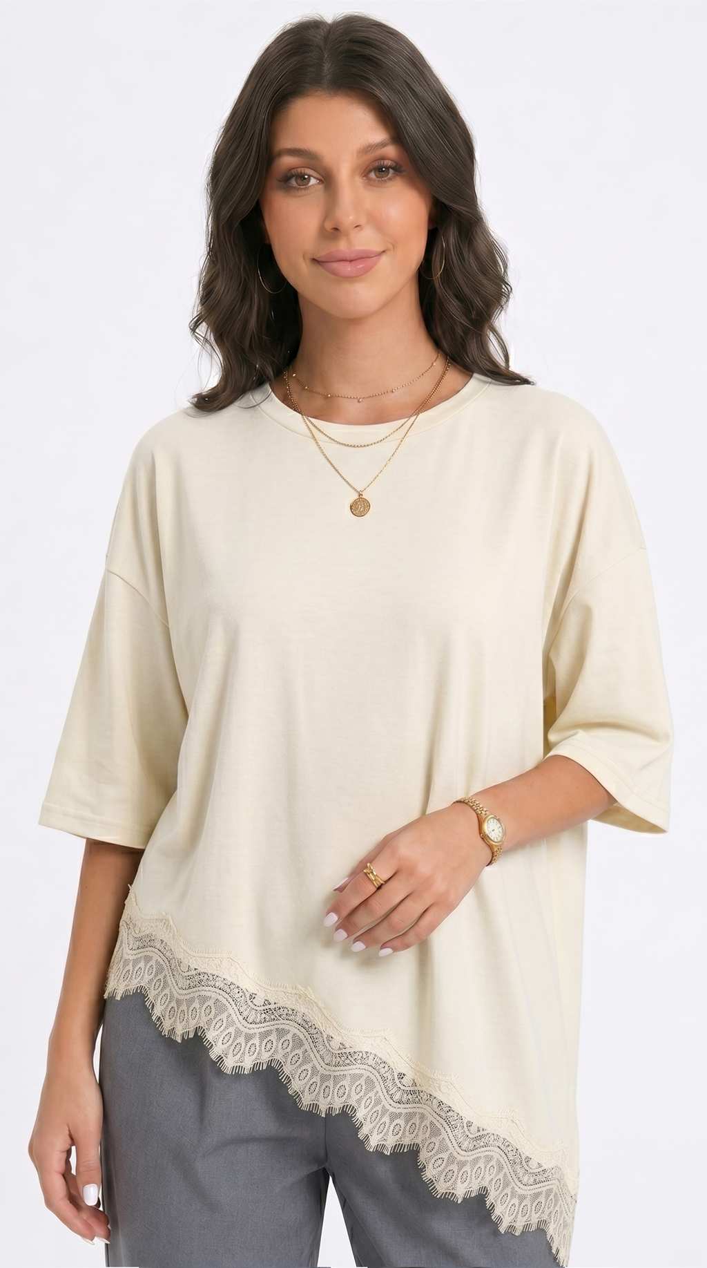 Woman wearing a cream-colored top with lace trim on a white background, from Meleche Fashion USA or Meléche (short as (Mé))