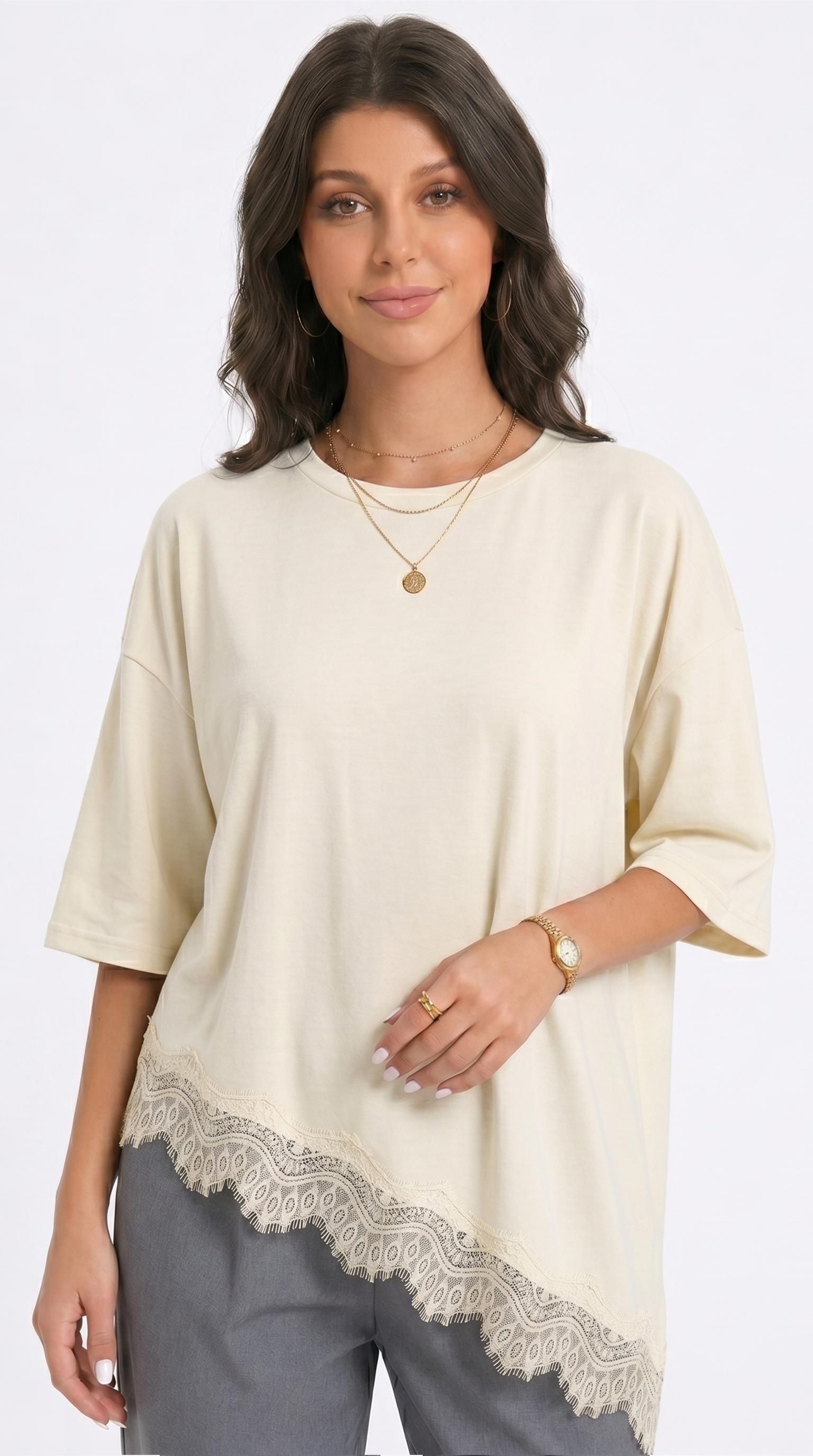 Woman wearing a cream-colored top with lace trim on a white background, from Meleche Fashion USA or Meléche (short as (Mé))