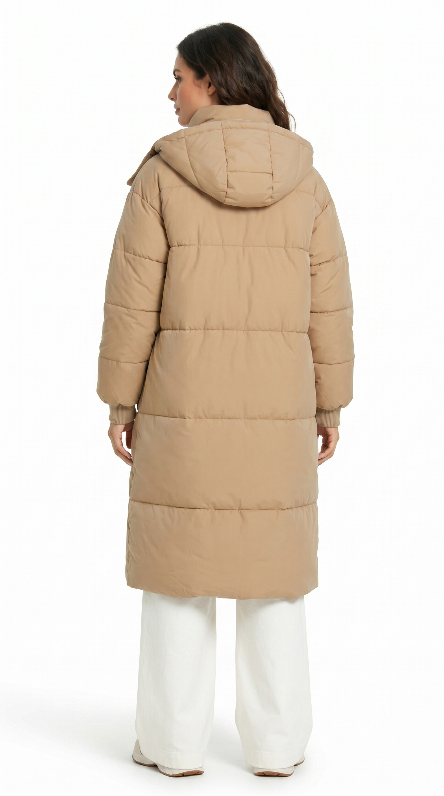 Person wearing a beige puffer coat on a white background from Meleche Fashion USA or Meléche (short as (Mé))