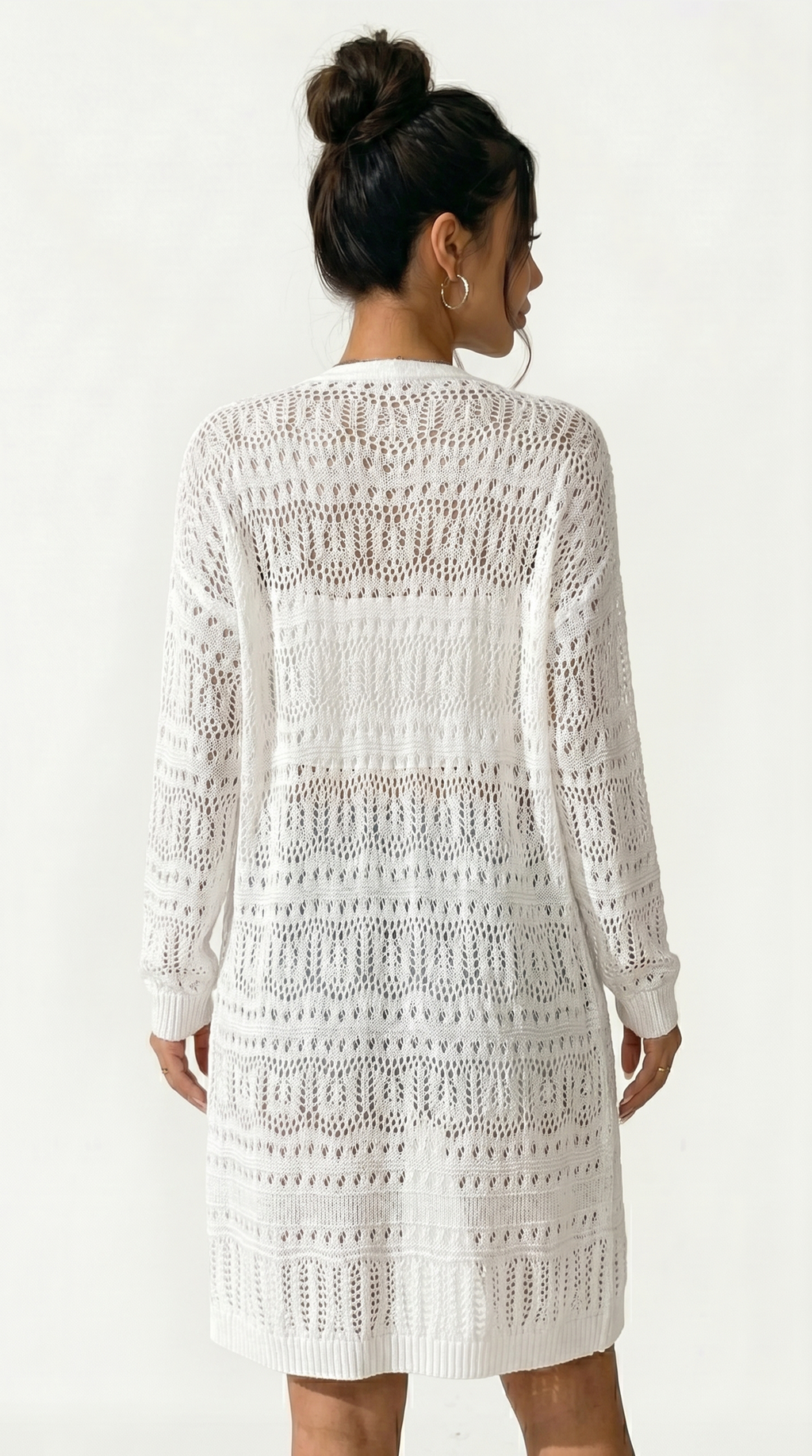 Woman wearing a white crochet dress against a white background from Meleche or Meléche (short as (Mé))