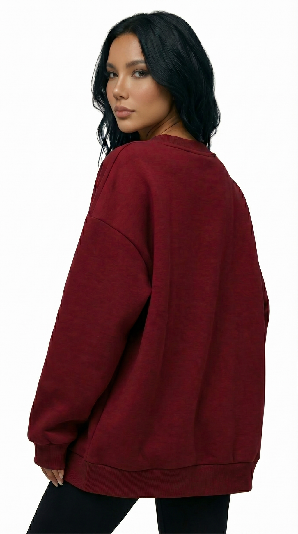Person wearing a maroon sweatshirt on a white background from Meleche Fashion USA or Meléche (short as (Mé))