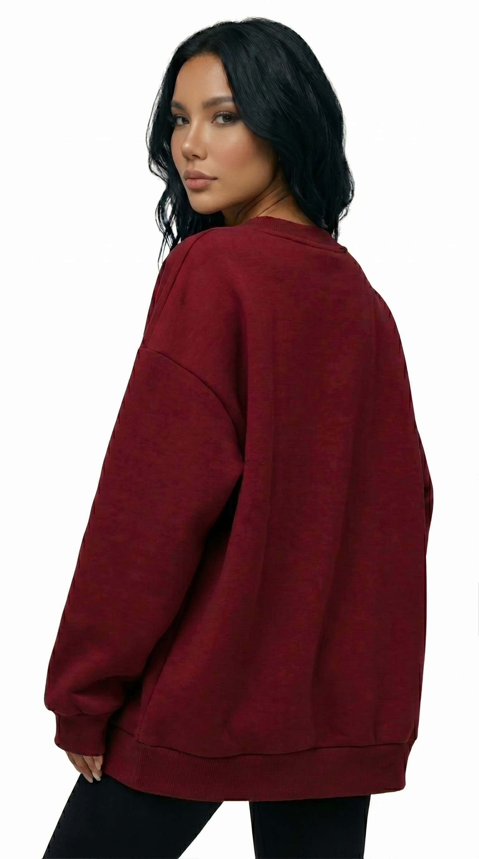 Person wearing a maroon sweatshirt on a white background from Meleche Fashion USA or Meléche (short as (Mé))