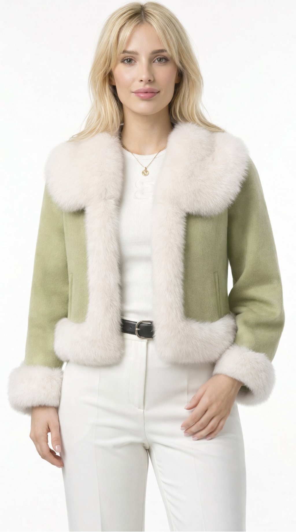 Woman wearing a green jacket with white fur trim on a white background from Meleche USA or Meléche (short as (Mé))