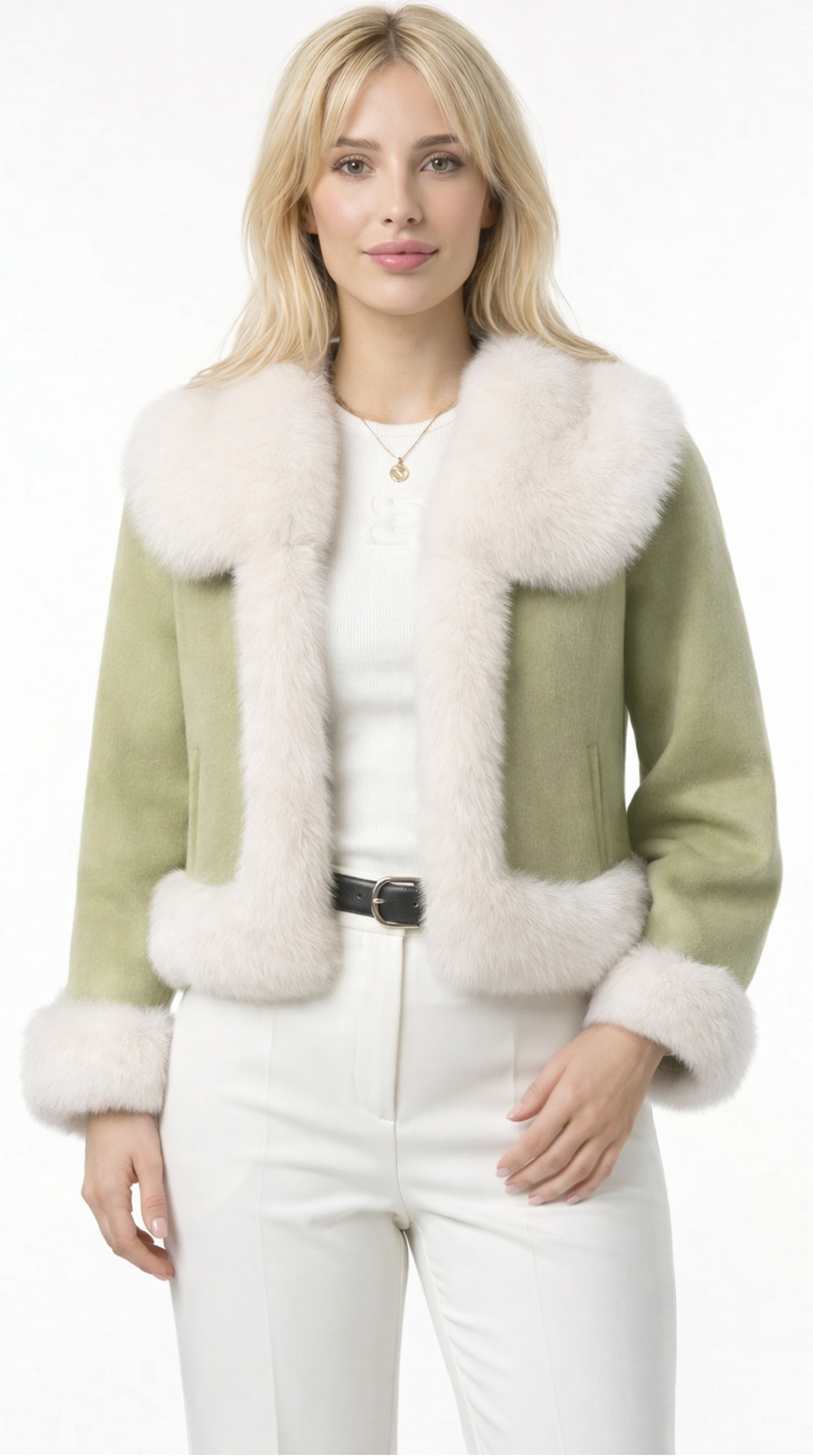 Woman wearing a green jacket with white fur trim on a white background from Meleche USA or Meléche (short as (Mé))