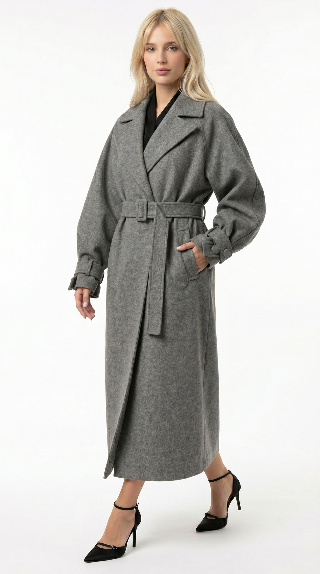 Woman wearing a gray coat on a white background from Meleche USA or Meléche (short as (Mé))