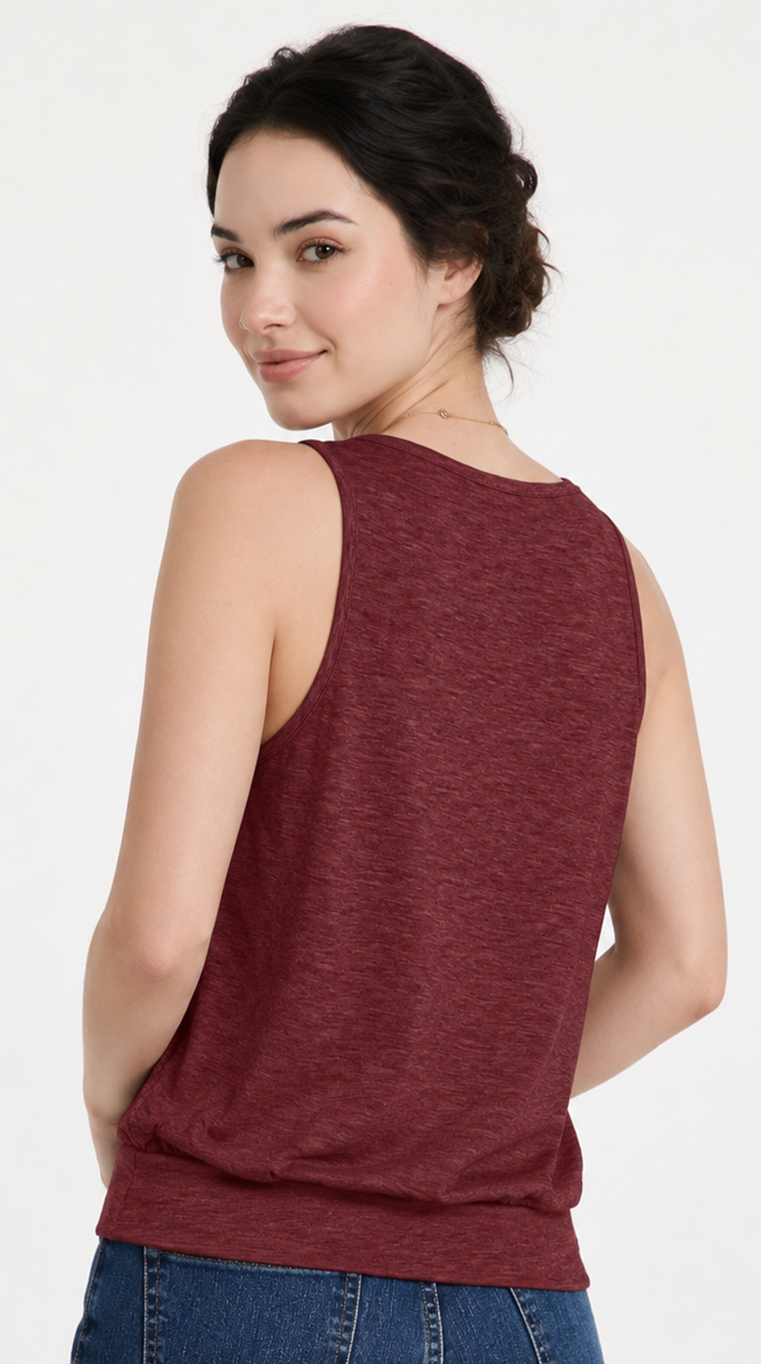 Woman wearing a maroon sleeveless top and blue jeans on a white background, from Meleche Fashion USA or Meléche (short as (Mé))