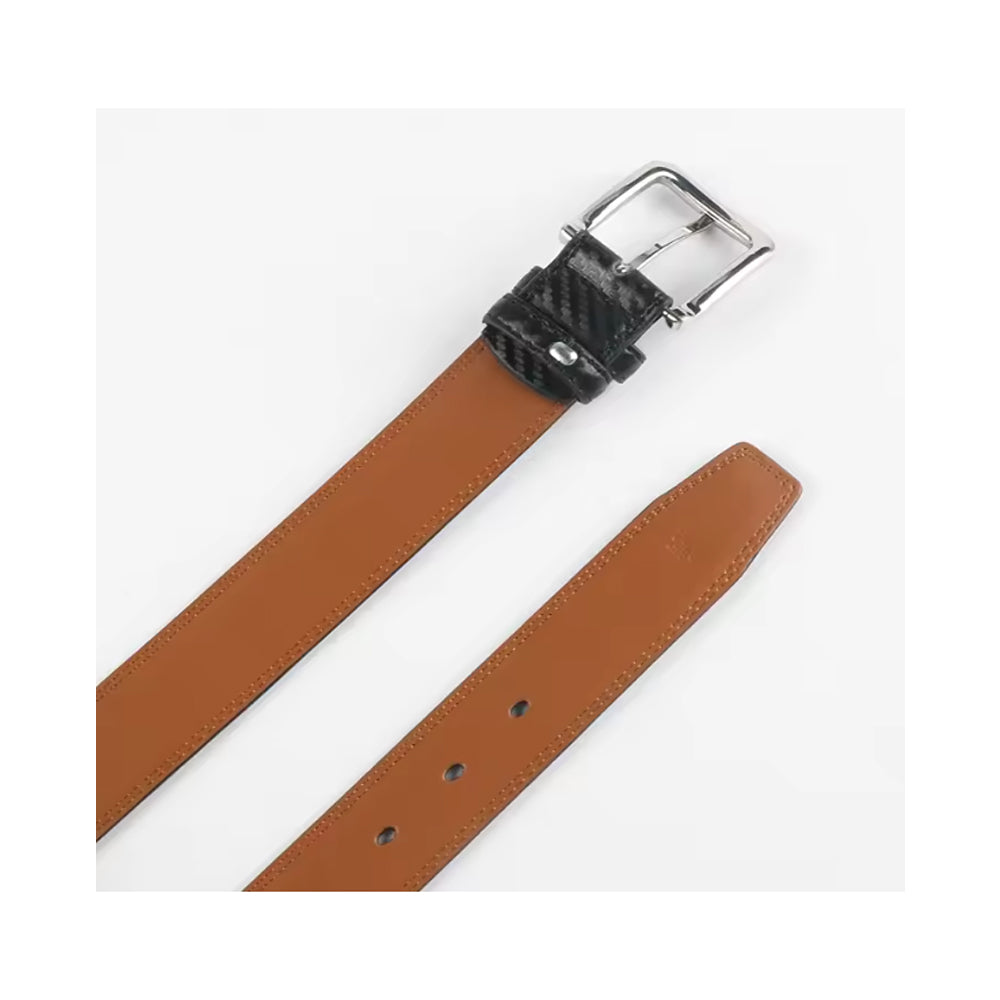Brown leather belt with a black buckle from Meleche or Meléche (short as (Mé))