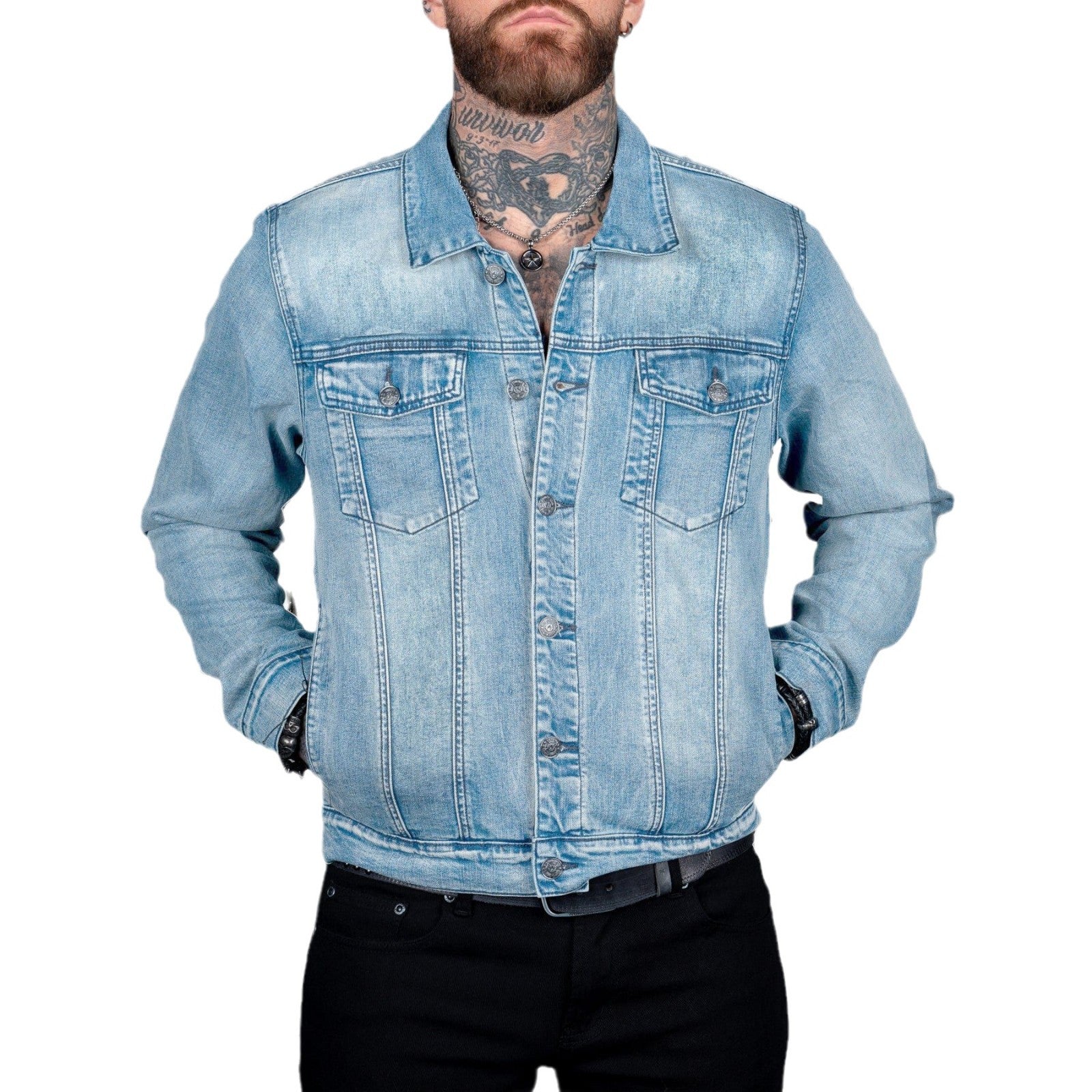 Man wearing a light blue denim jacket on a white background