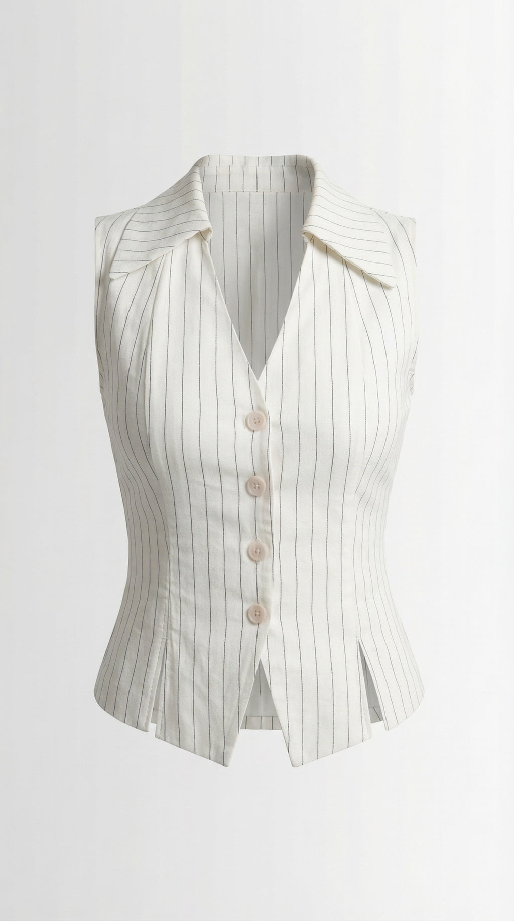 Woman wearing a white pinstripe sleeveless blouse against a neutral background from Meleche or Meléche (short as (Mé))