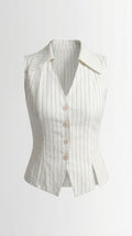 Woman wearing a white pinstripe sleeveless blouse against a neutral background from Meleche or Meléche (short as (Mé))