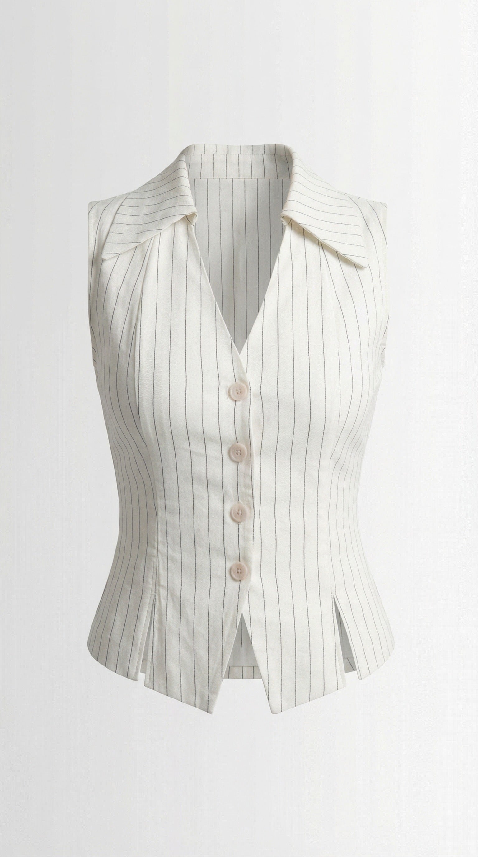 Woman wearing a white pinstripe sleeveless blouse against a neutral background from Meleche or Meléche (short as (Mé))