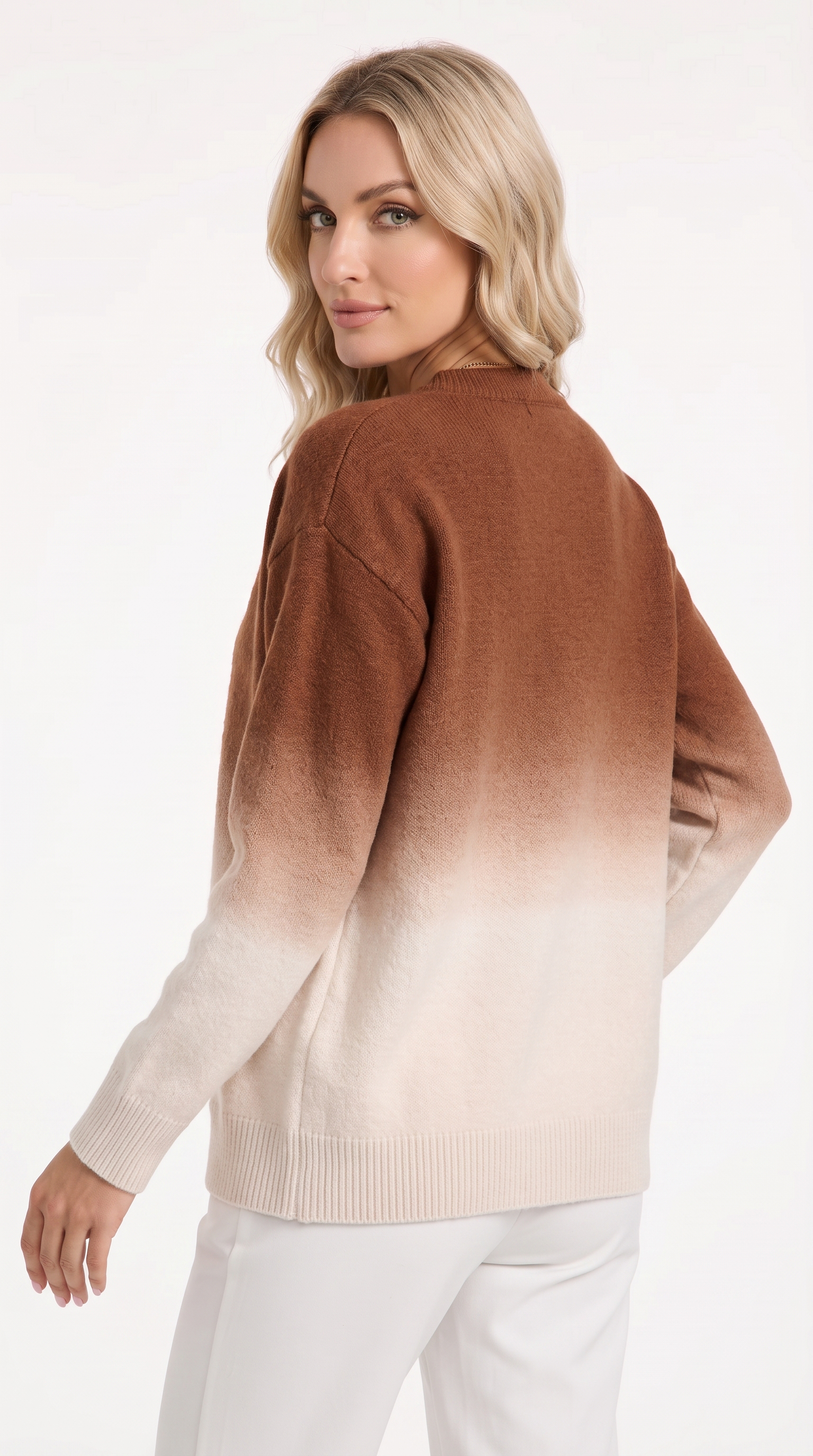 A woman wearing a brown and cream ombré knit sweater, photographed from the back against a clean white studio background, from Meleche Fashion USA or Meléche (short as (Mé))