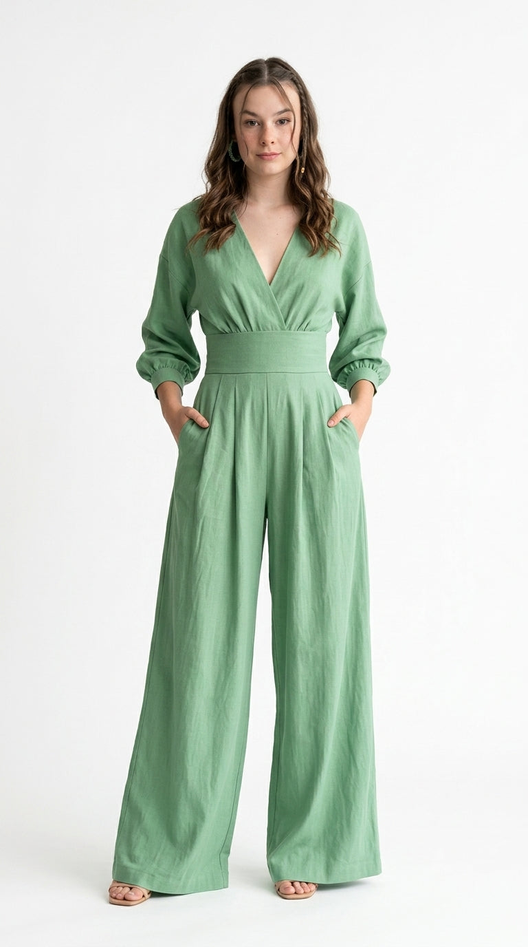 A woman modeling a sage green wide-leg jumpsuit with long sleeves, a V-neckline, and side pockets, standing against a plain white studio background, from Meleche Fashion USA or Meléche (short as (Mé))