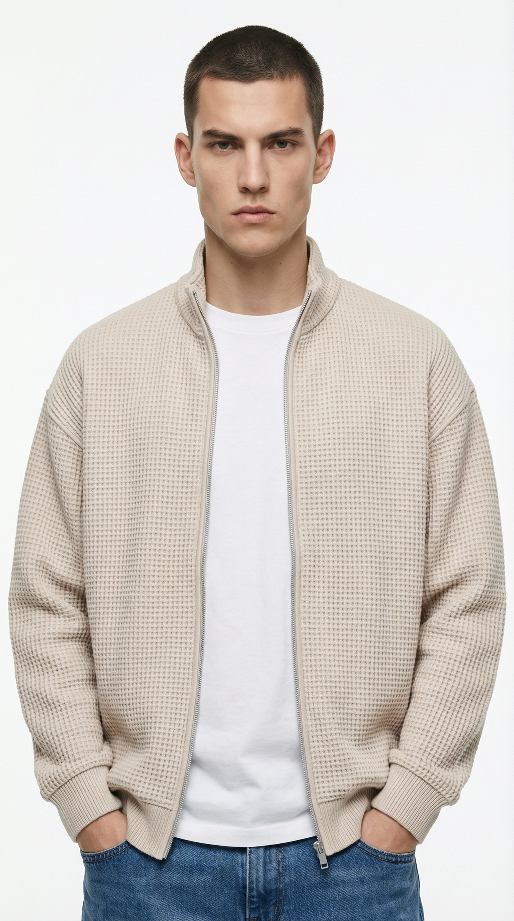 Man wearing a beige checkered jacket over a white shirt with blue jeans from Meleche or Meléche (short as (Mé))