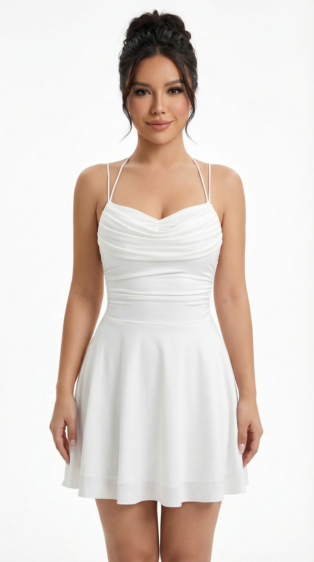 Woman in a white dress holding a black handbag against a neutral background