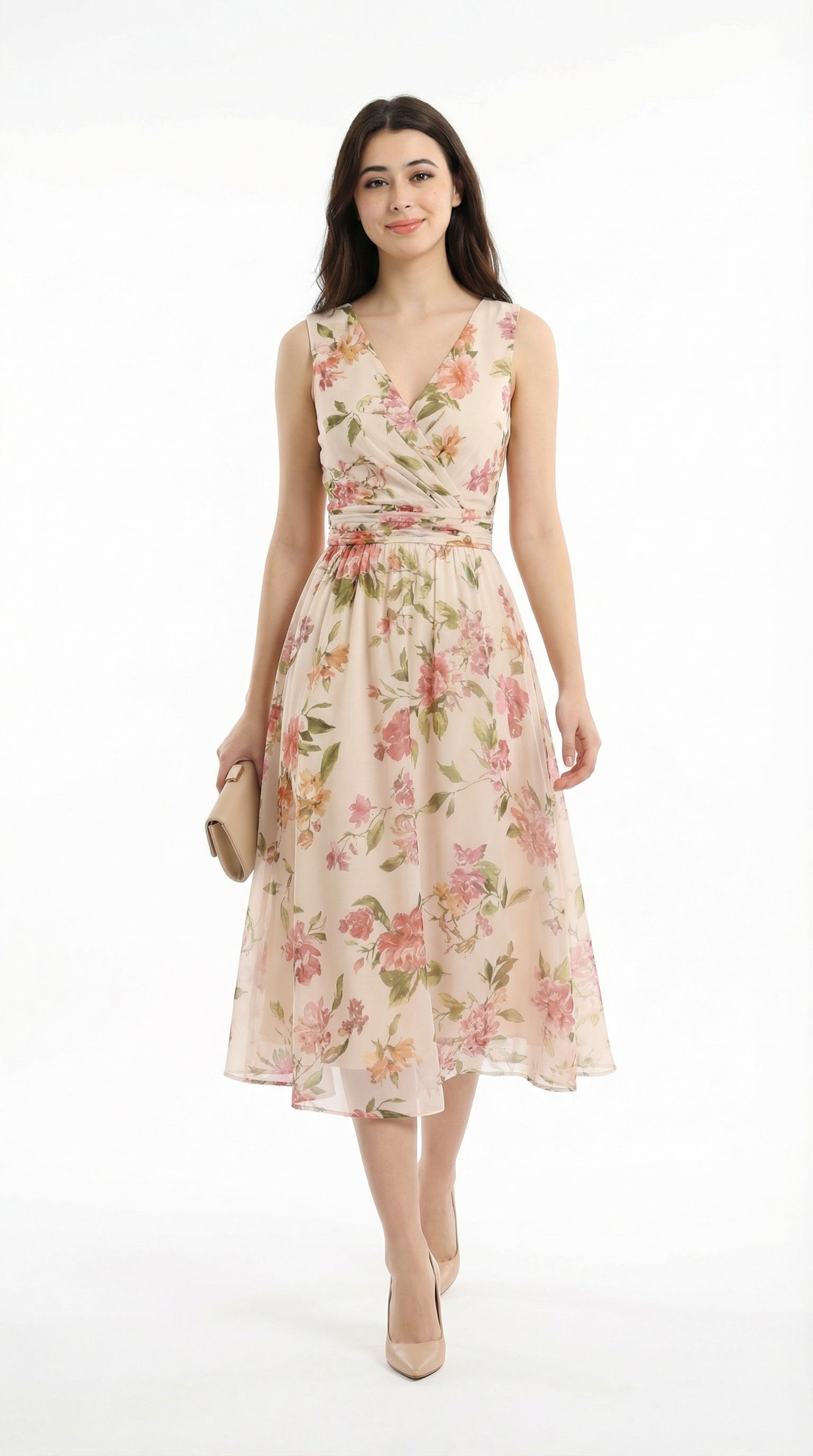 Woman wearing a floral dress standing in an elegant outdoor setting.