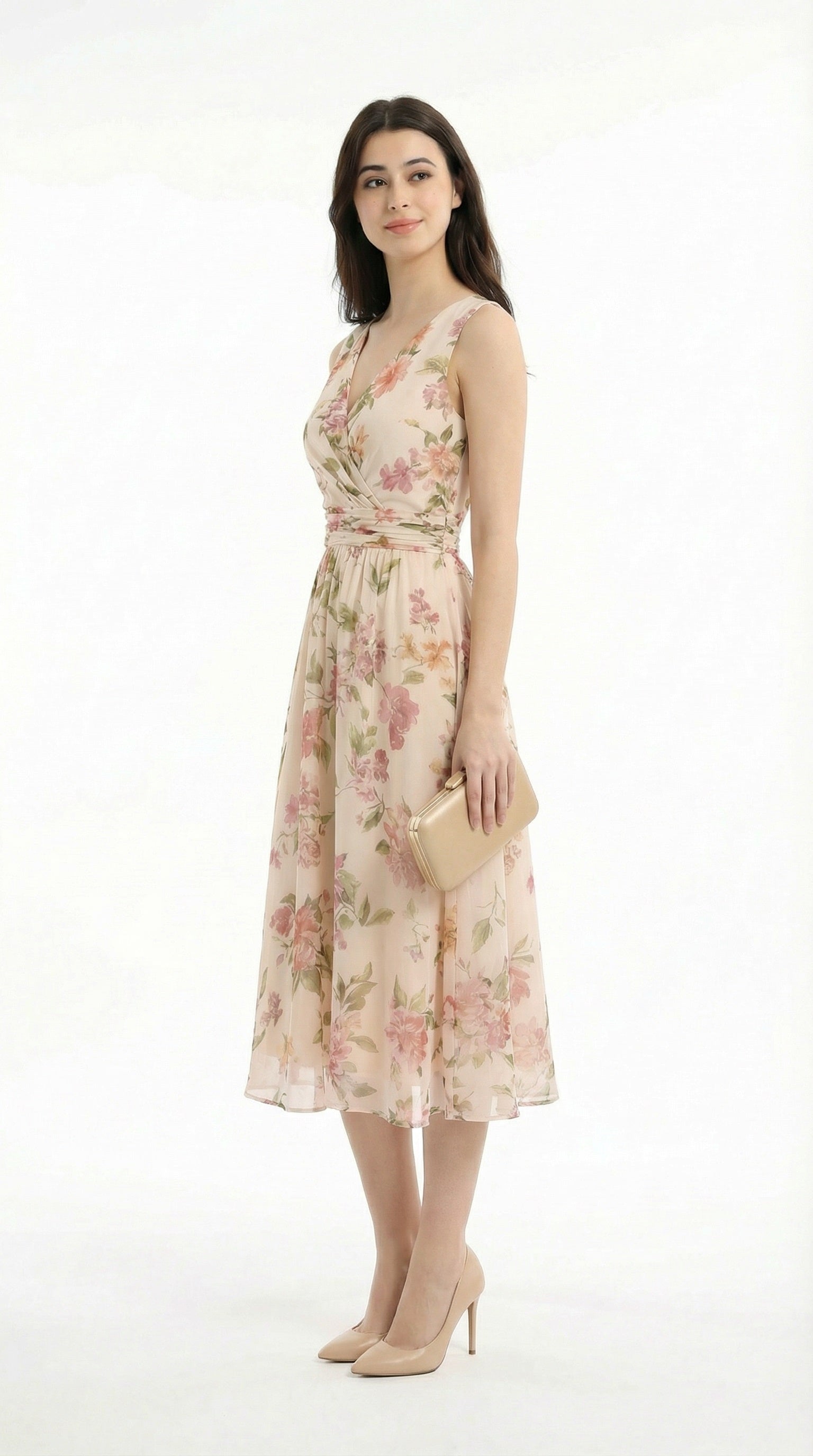 Woman wearing a floral dress on a white background